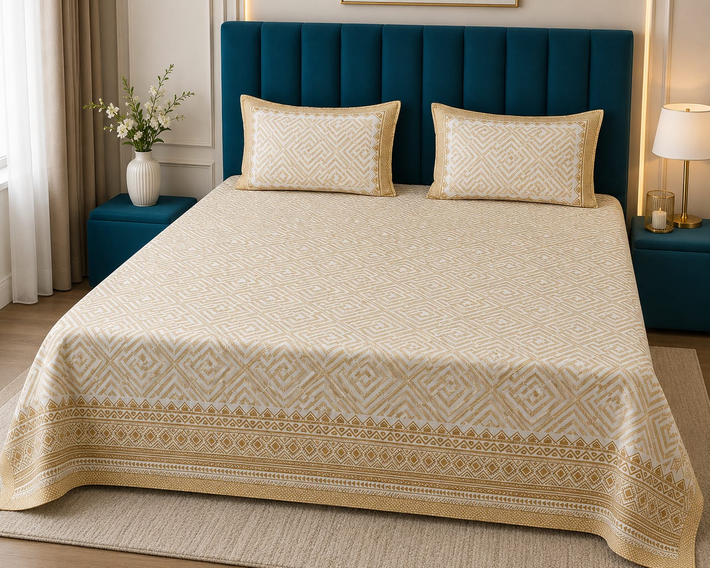 Anarkali Handblock Printed Pure Cotton King Size Bedsheet Set
