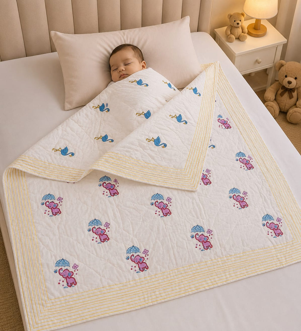 Little Heirloom Handblock Mul Cotton New Born Reversible Quilt