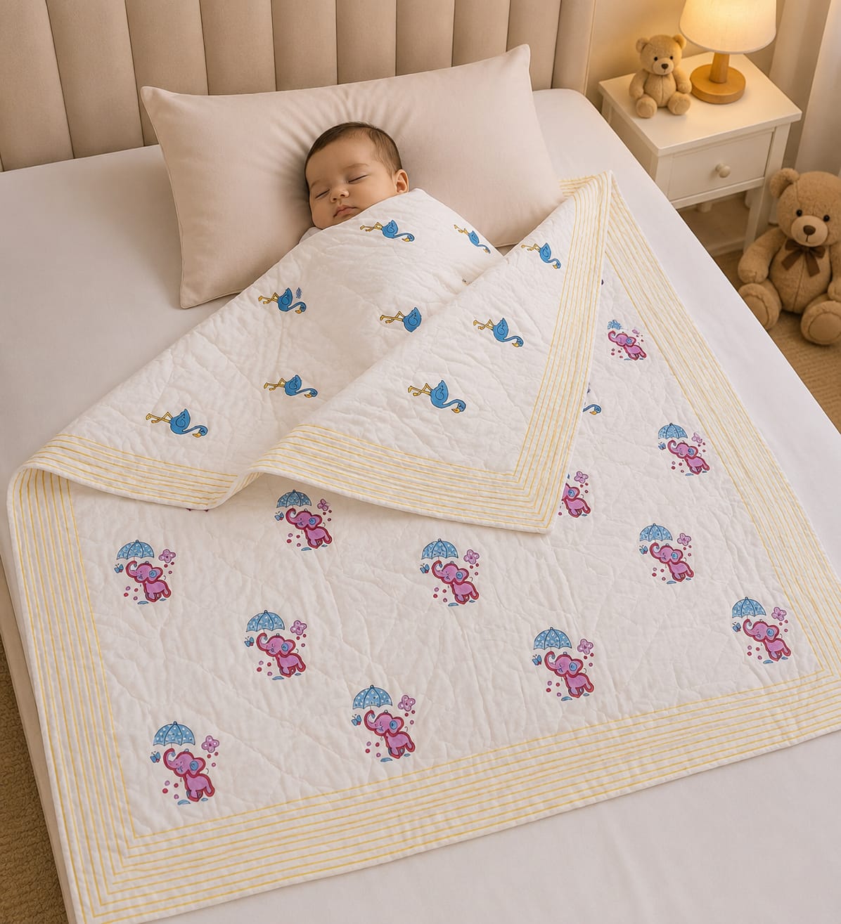 Little Heirloom Handblock Mul Cotton New Born Reversible Quilt