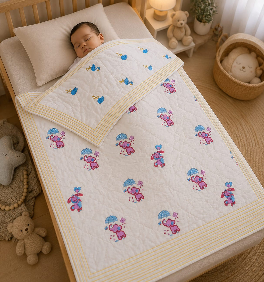 Little Heirloom Handblock Mul Cotton New Born Reversible Quilt