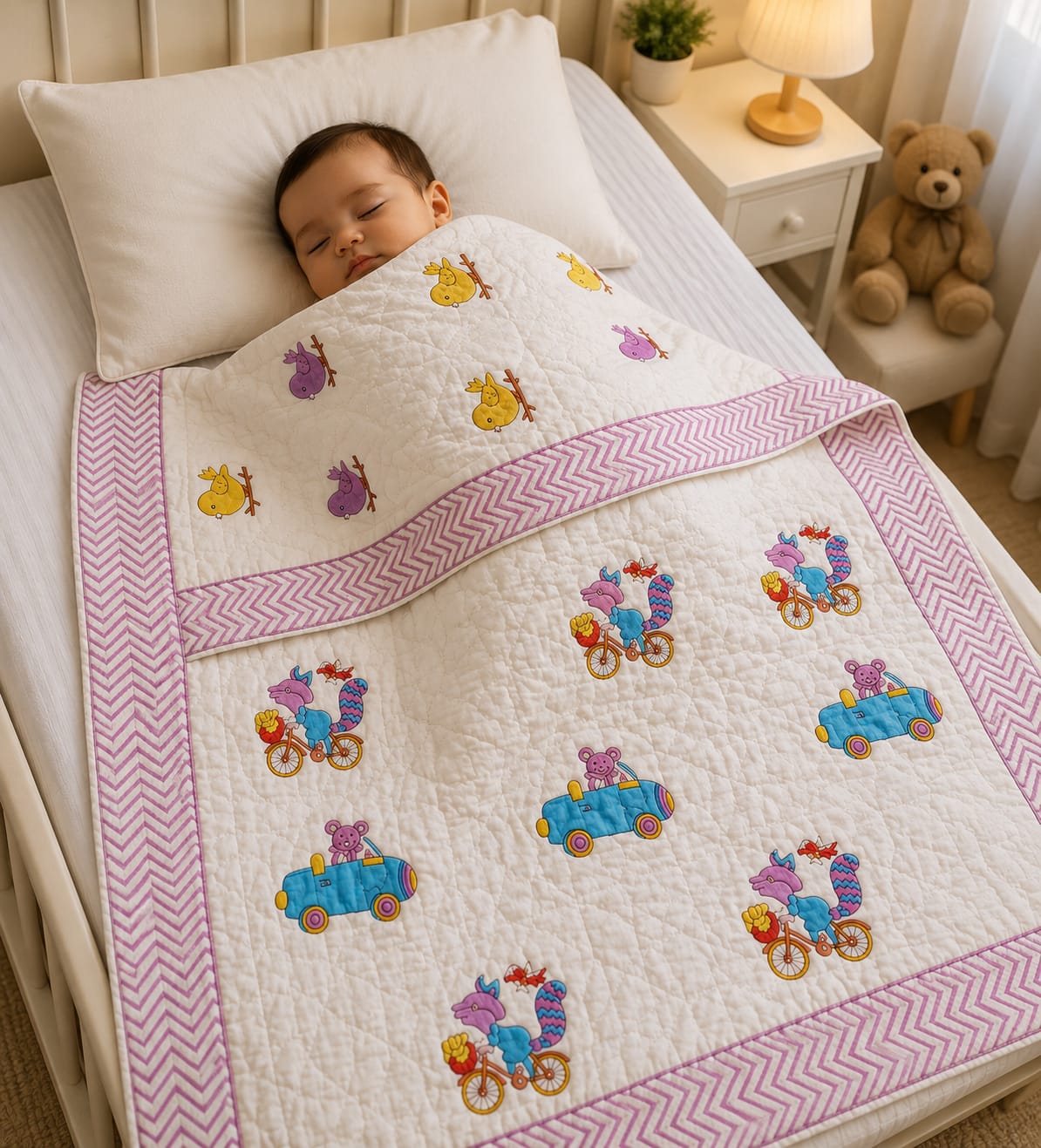 Little Heirloom Handblock Mul Cotton New Born Reversible Quilt