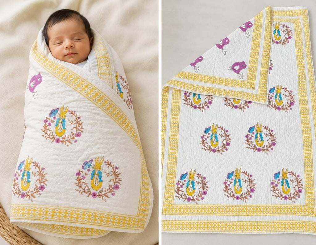 Little Heirloom Handblock Mul Cotton New Born Reversible Quilt