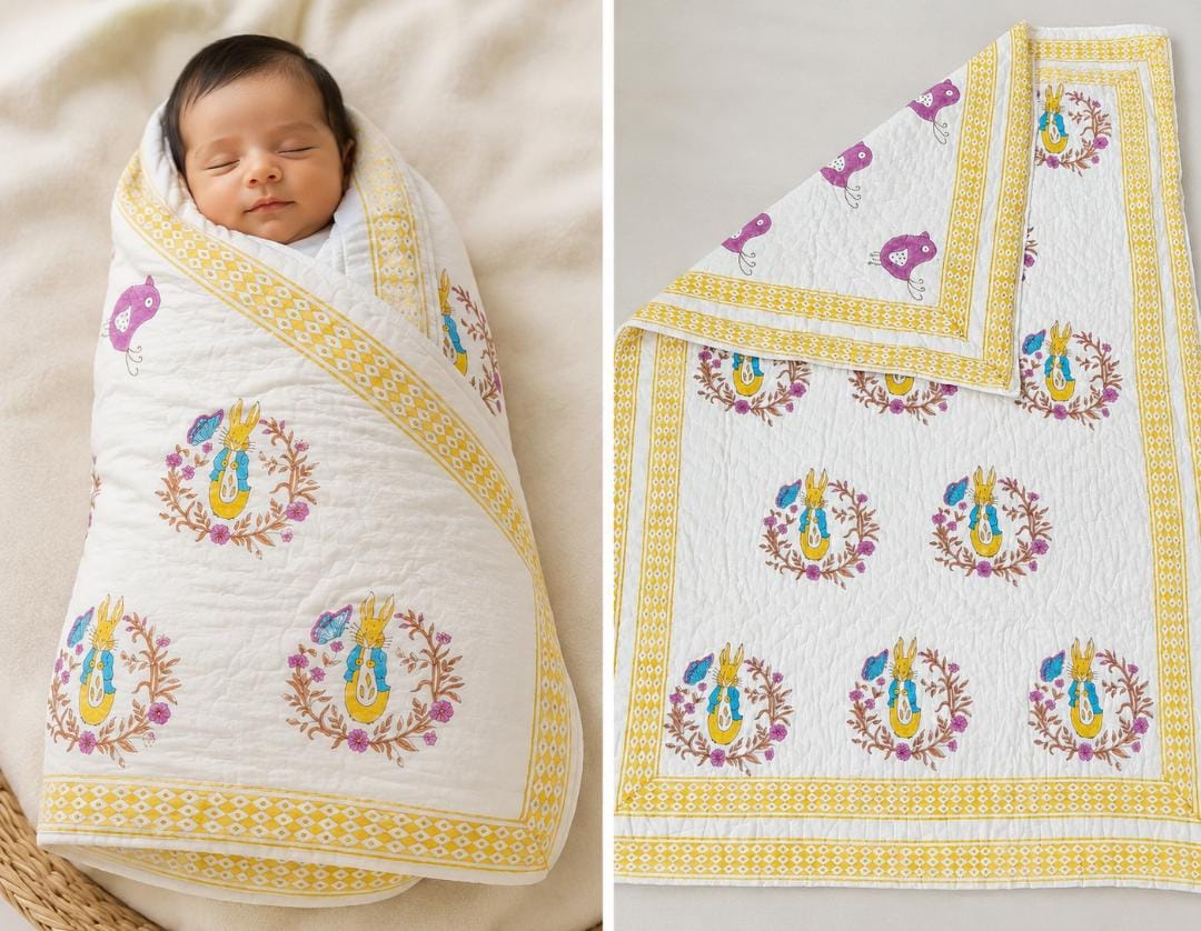 Little Heirloom Handblock Mul Cotton New Born Reversible Quilt