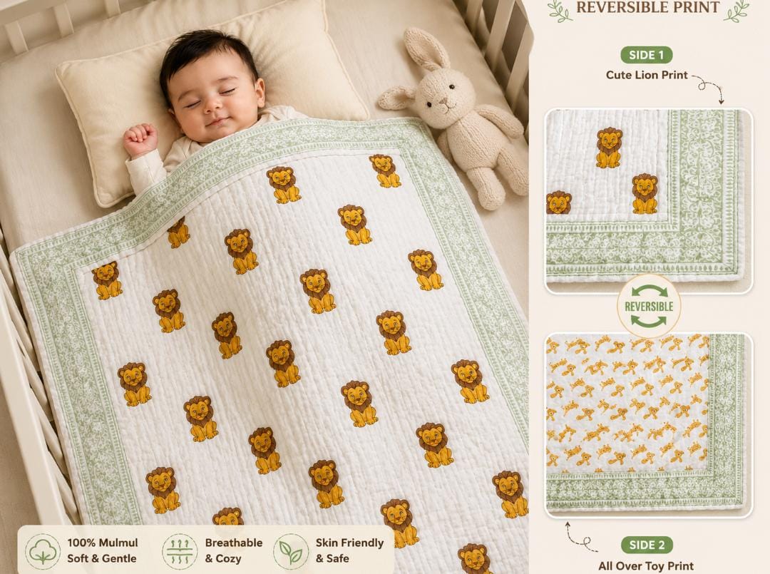 Little Heirloom Handblock Mul Cotton New Born Reversible Quilt