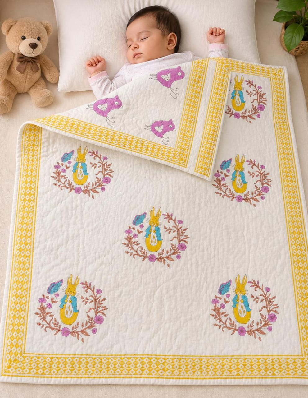 Little Heirloom Handblock Mul Cotton New Born Reversible Quilt
