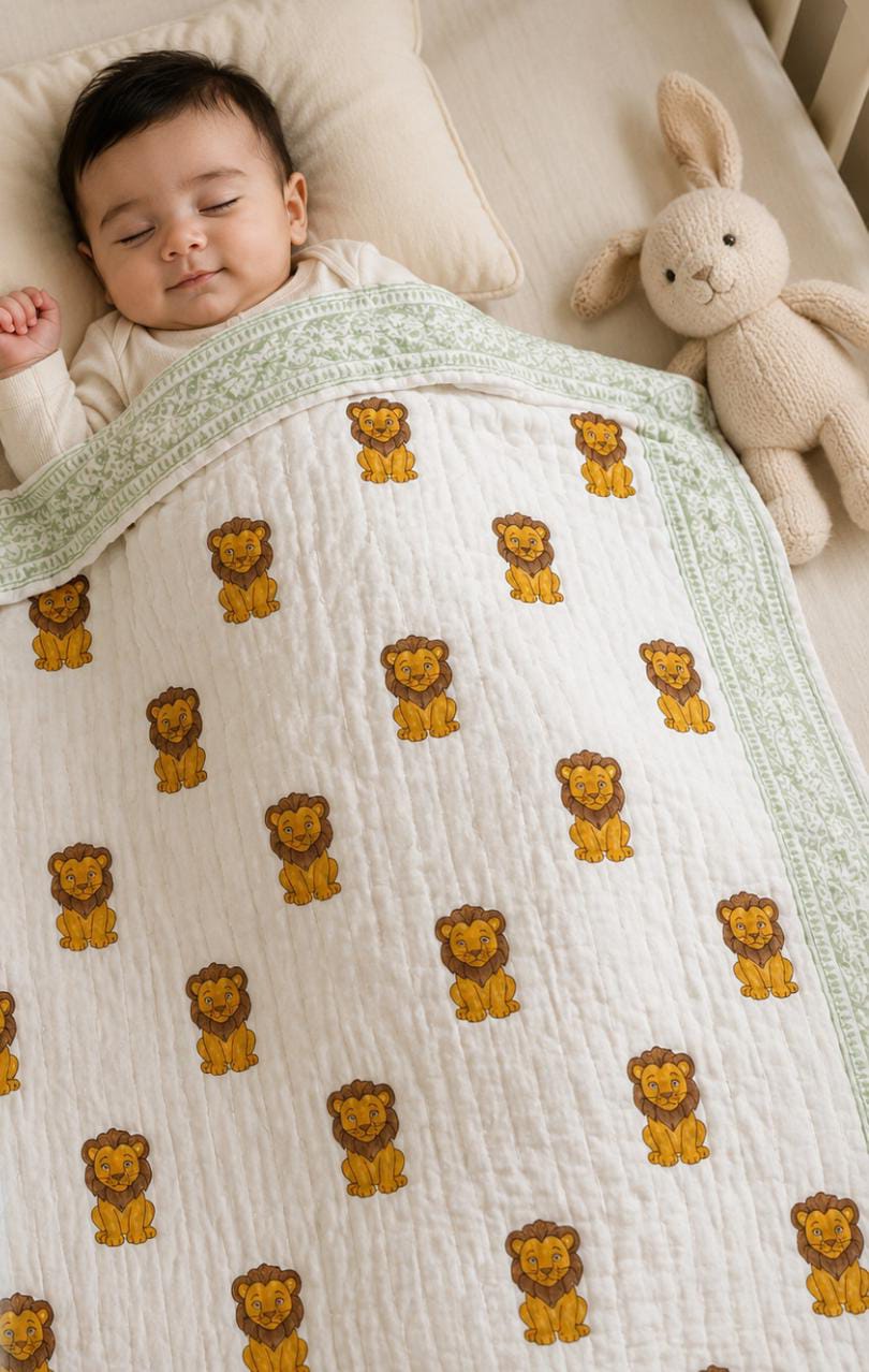 Little Heirloom Handblock Mul Cotton New Born Reversible Quilt