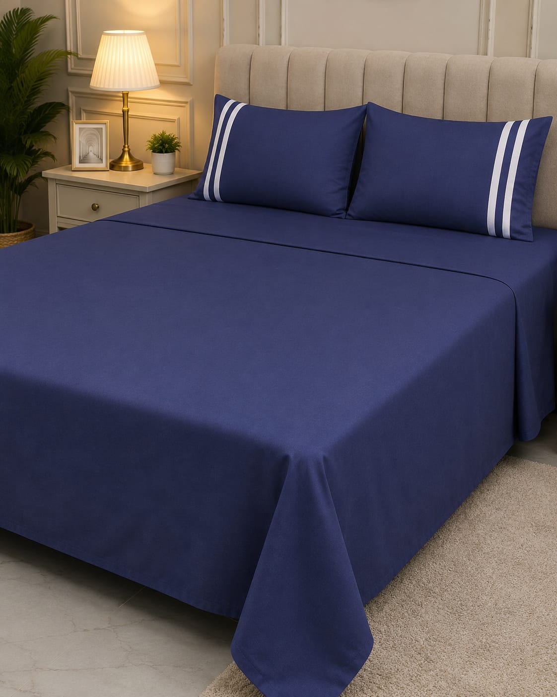 Premium Solid Navy Blue King Size Cotton Bedsheet with 2 Pillow Covers