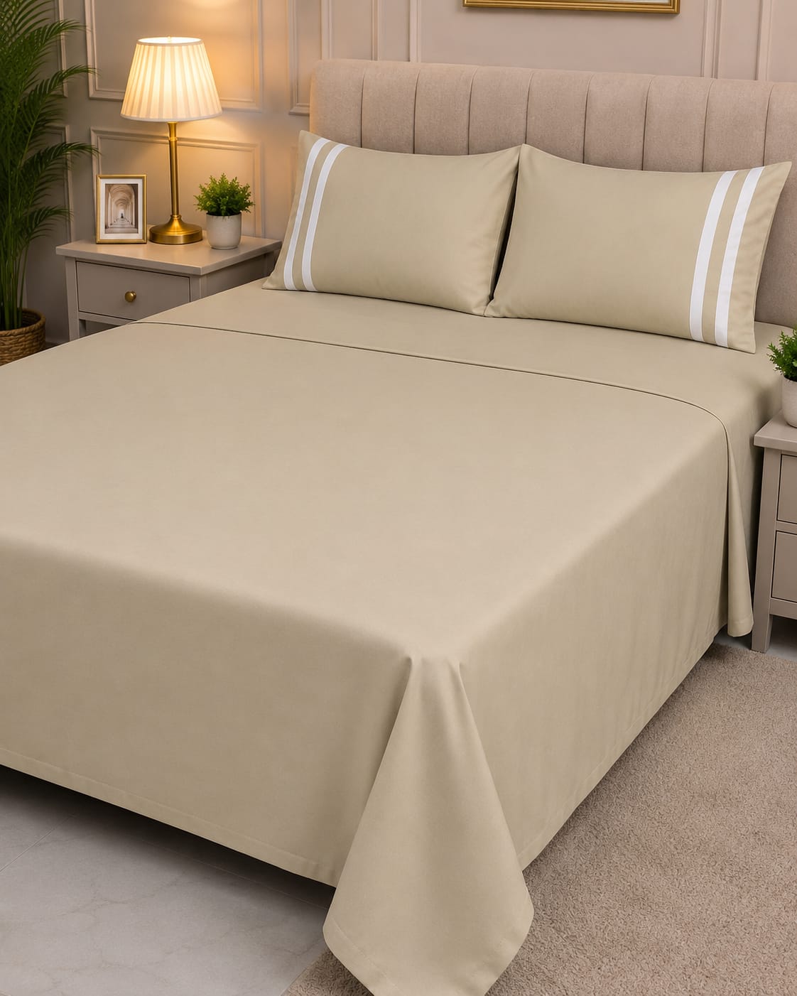 Premium Solid Beige King Size Cotton Bedsheet with 2 Pillow Covers