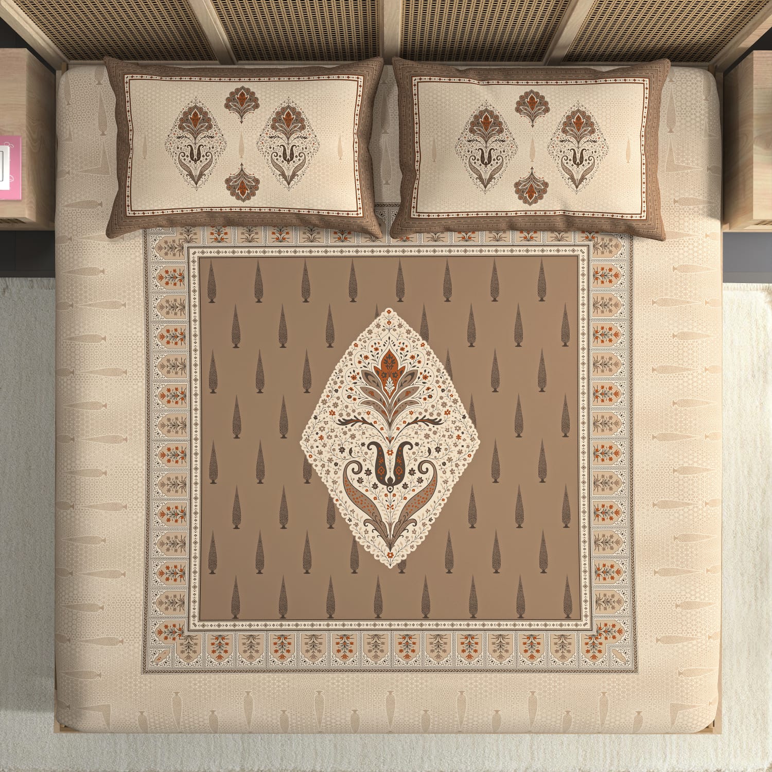 Nayab Mocha Beige Heritage Premium Cotton King Size Bedsheet Set