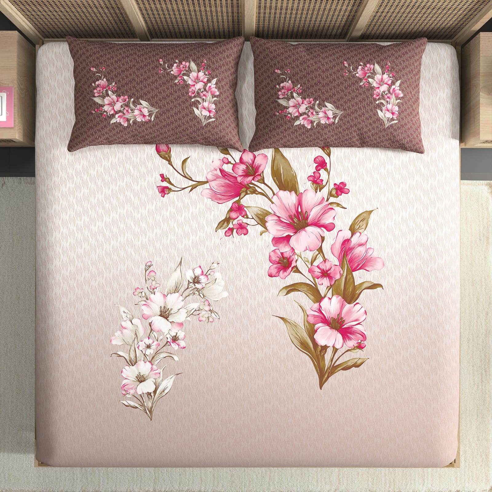Nayab Blush Pink Floral Premium Cotton King Size Bedsheet Set