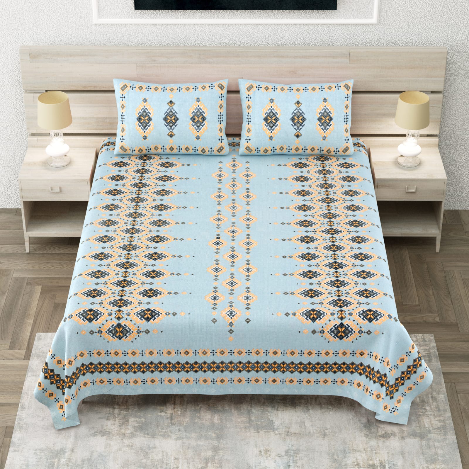 MUGHLAI Azure Geometric Printed King Size Premium Cotton Bedsheet