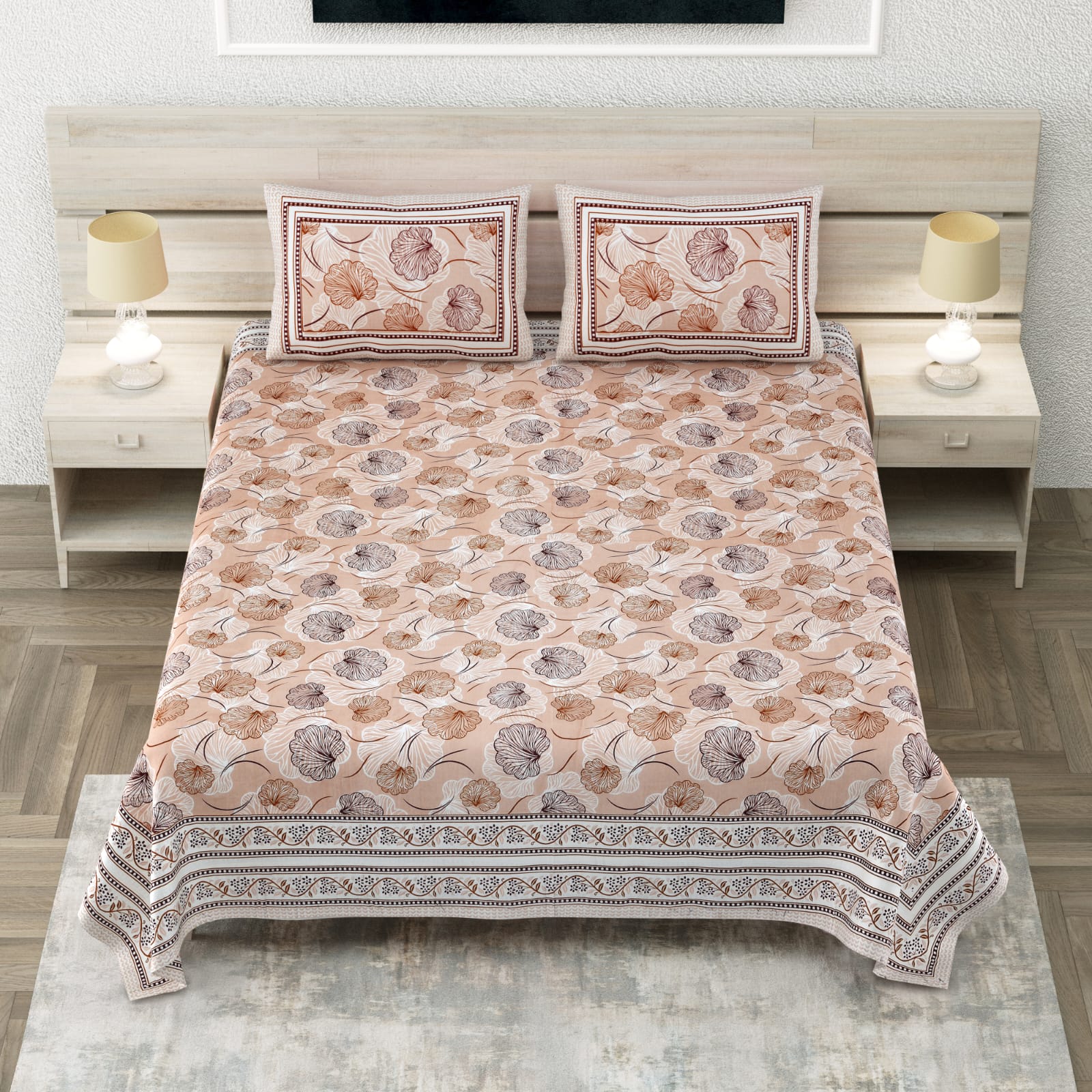MUGHLAI Blush Blossom Printed King Size Premium Cotton Bedsheet