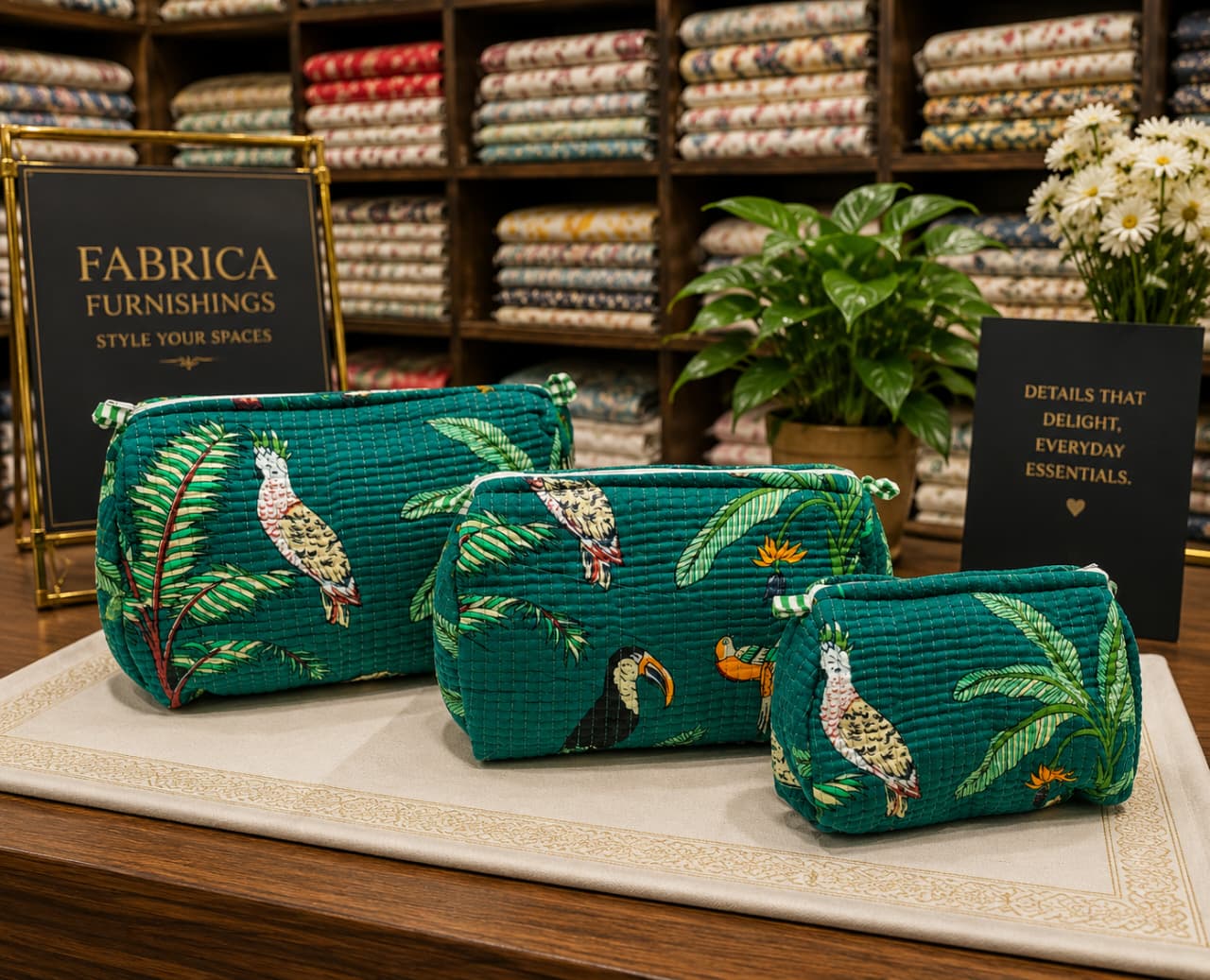 Tropical Paradise Handcrafted Pure Cotton Quilted Pouches – Set of 3