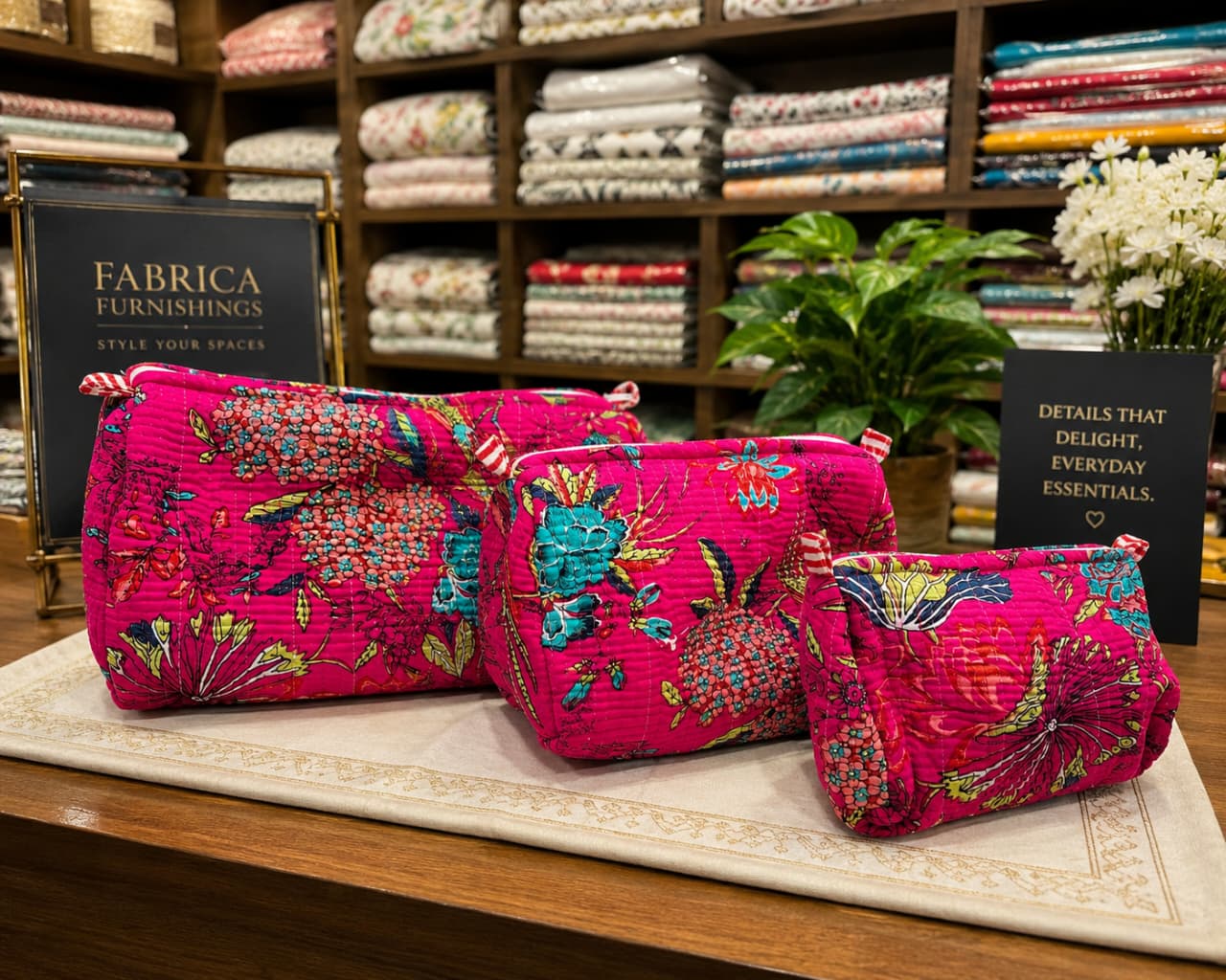Fuchsia Floral Handcrafted Pure Cotton Quilted Pouches – Set of 3