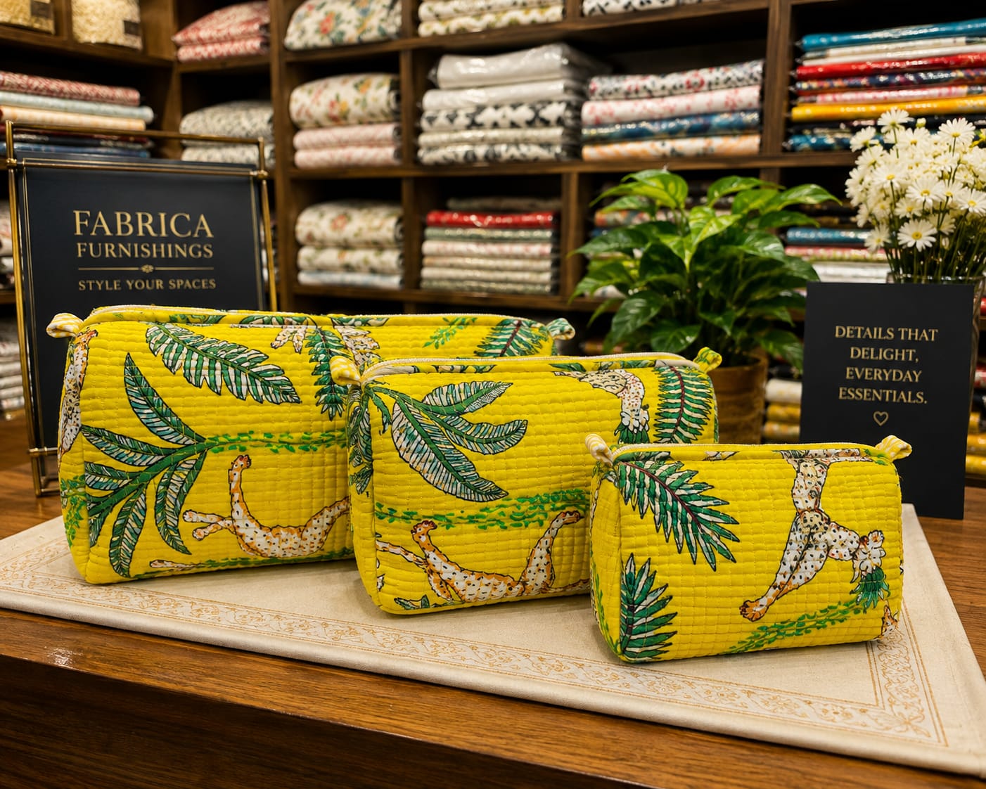 Safari Giraffe Handcrafted Pure Cotton Quilted Pouches – Set of 3
