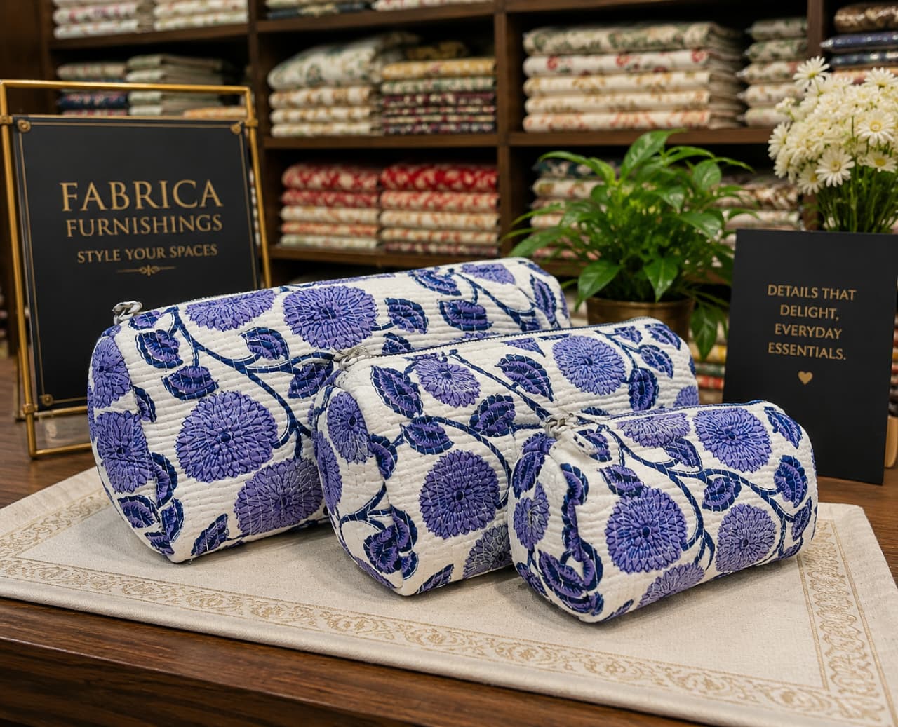 Indigo Floral Handcrafted Pure Cotton Quilted Pouches – Set of 3
