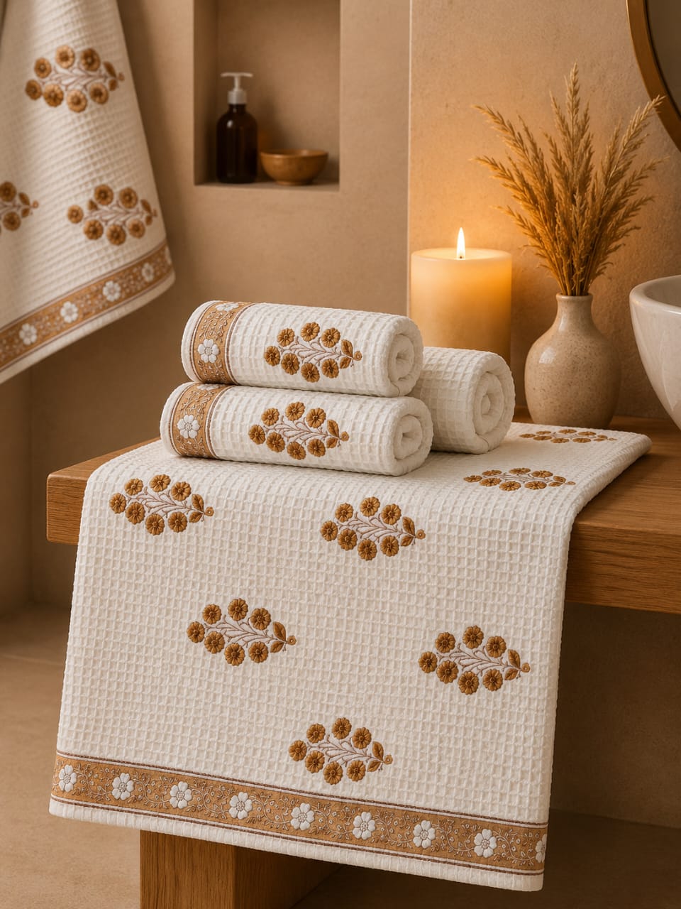 Mustard Floral Handcrafted Pure Cotton Waffle Towels – Set of 3