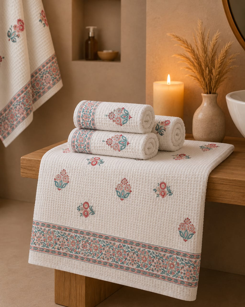 Vintage Floral Handcrafted Pure Cotton Waffle Towels – Set of 3