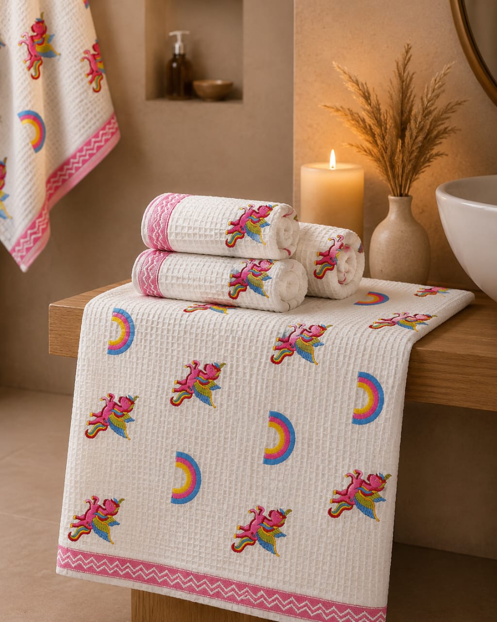 Rainbow & Unicorn Handcrafted Pure Cotton Waffle Towels – Set of 3