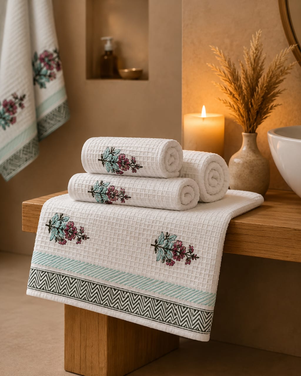 Mint Floral Handcrafted Pure Cotton Waffle Towels – Set of 3