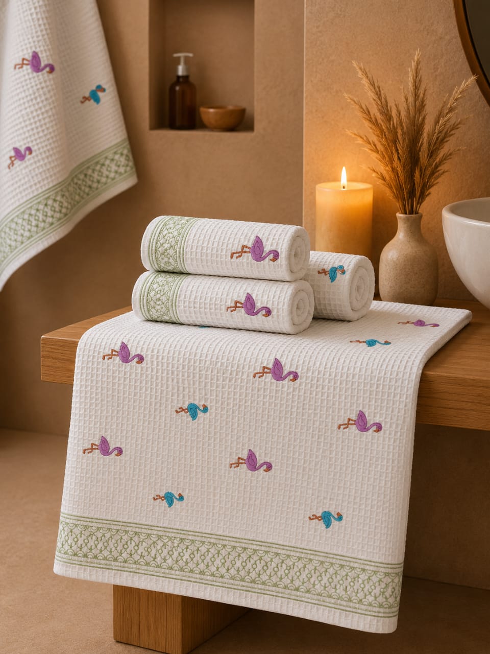 Flamingo & Bird Handcrafted Pure Cotton Waffle Towels – Set of 3
