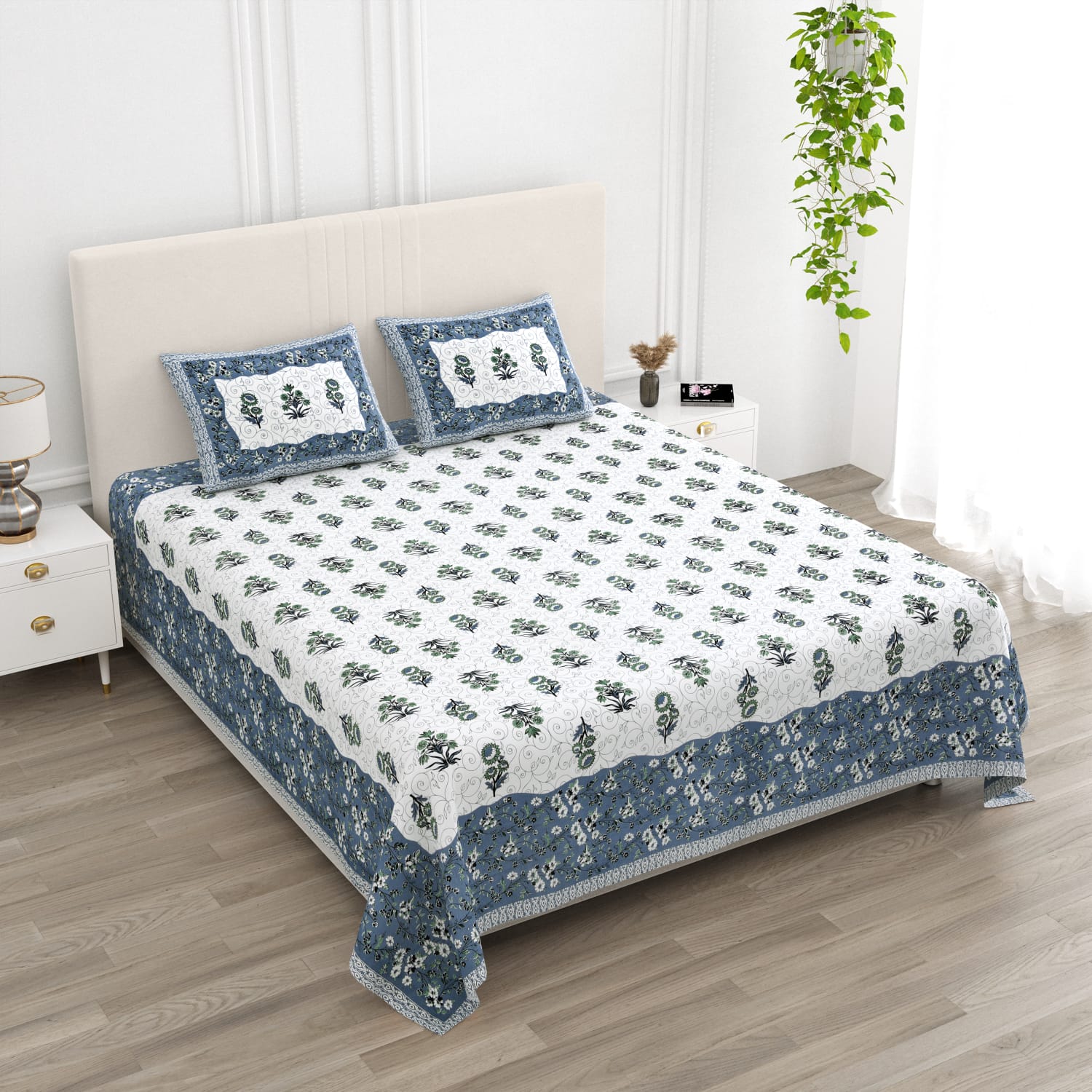 ANARKALI Indigo Bloom Printed King Size Premium Cotton Bedsheet
