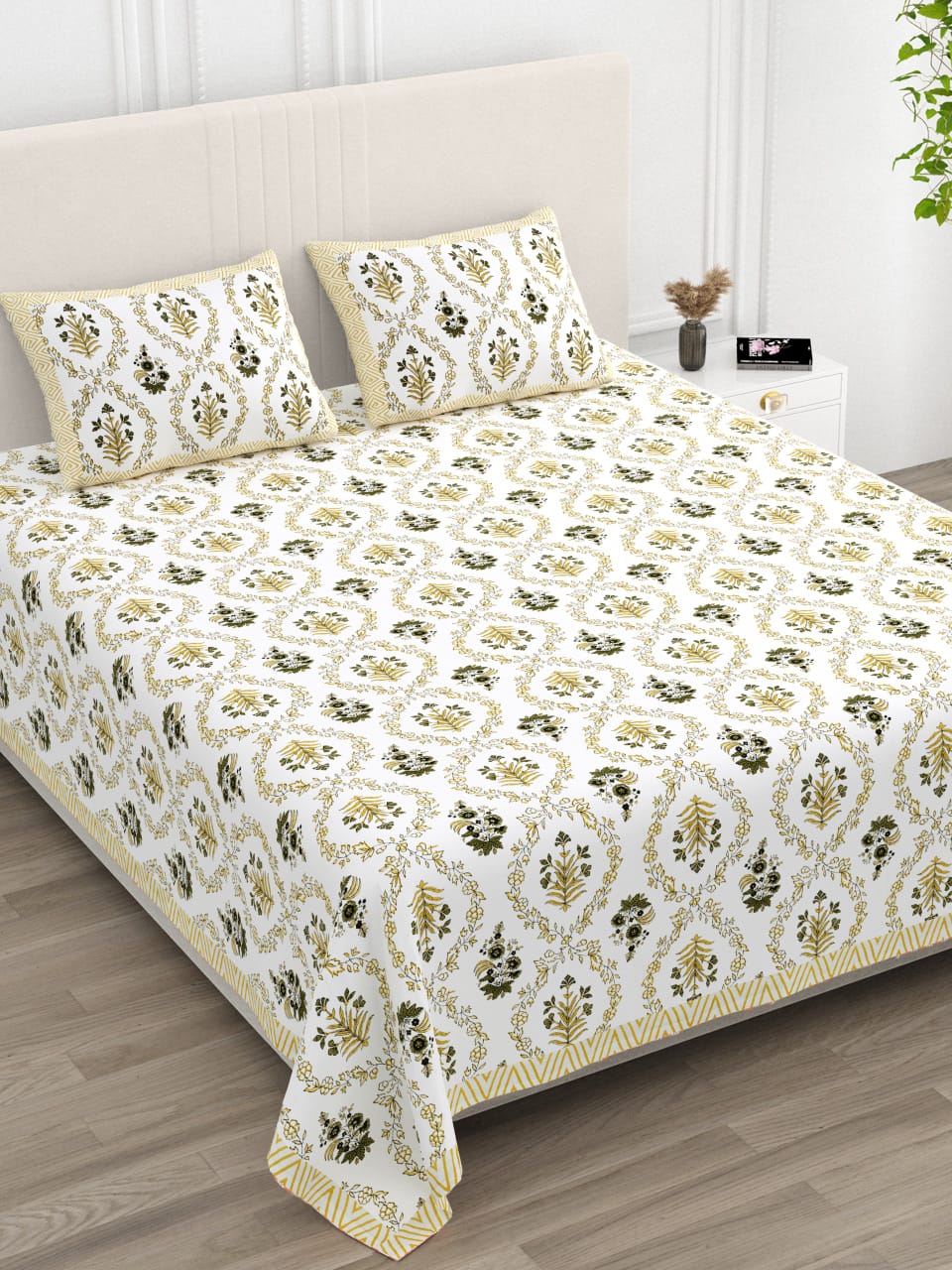 ANARKALI Olive Blossom Printed King Size Premium Cotton Bedsheet
