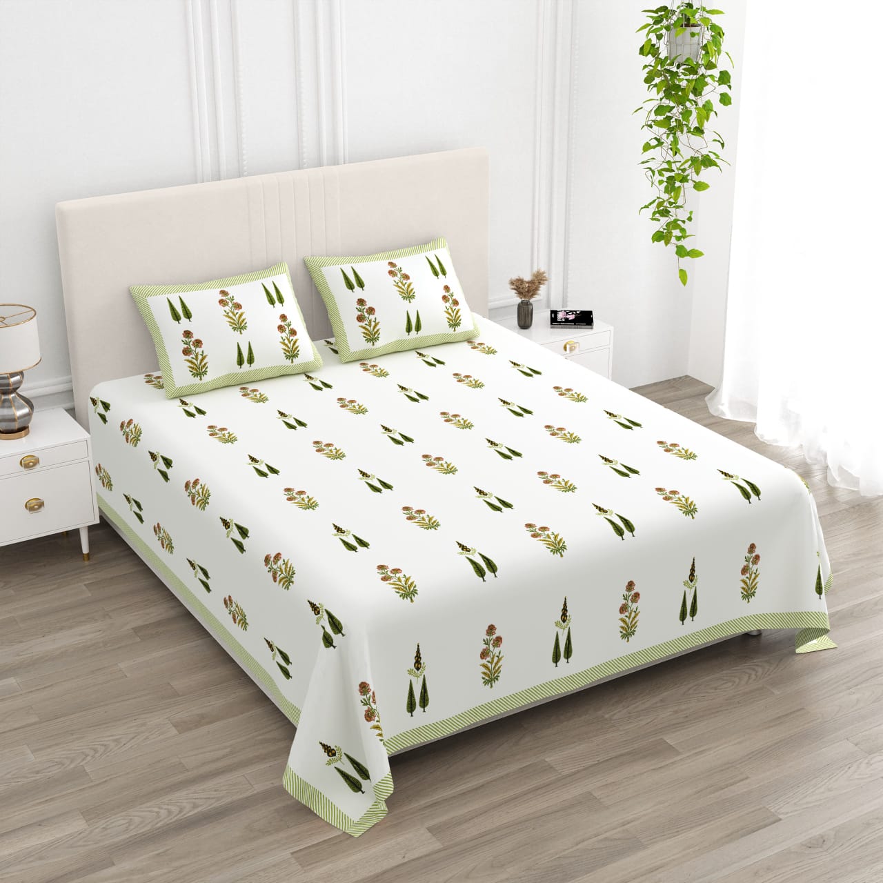 ANARKALI Olive Meadow Printed King Size Premium Cotton Bedsheet