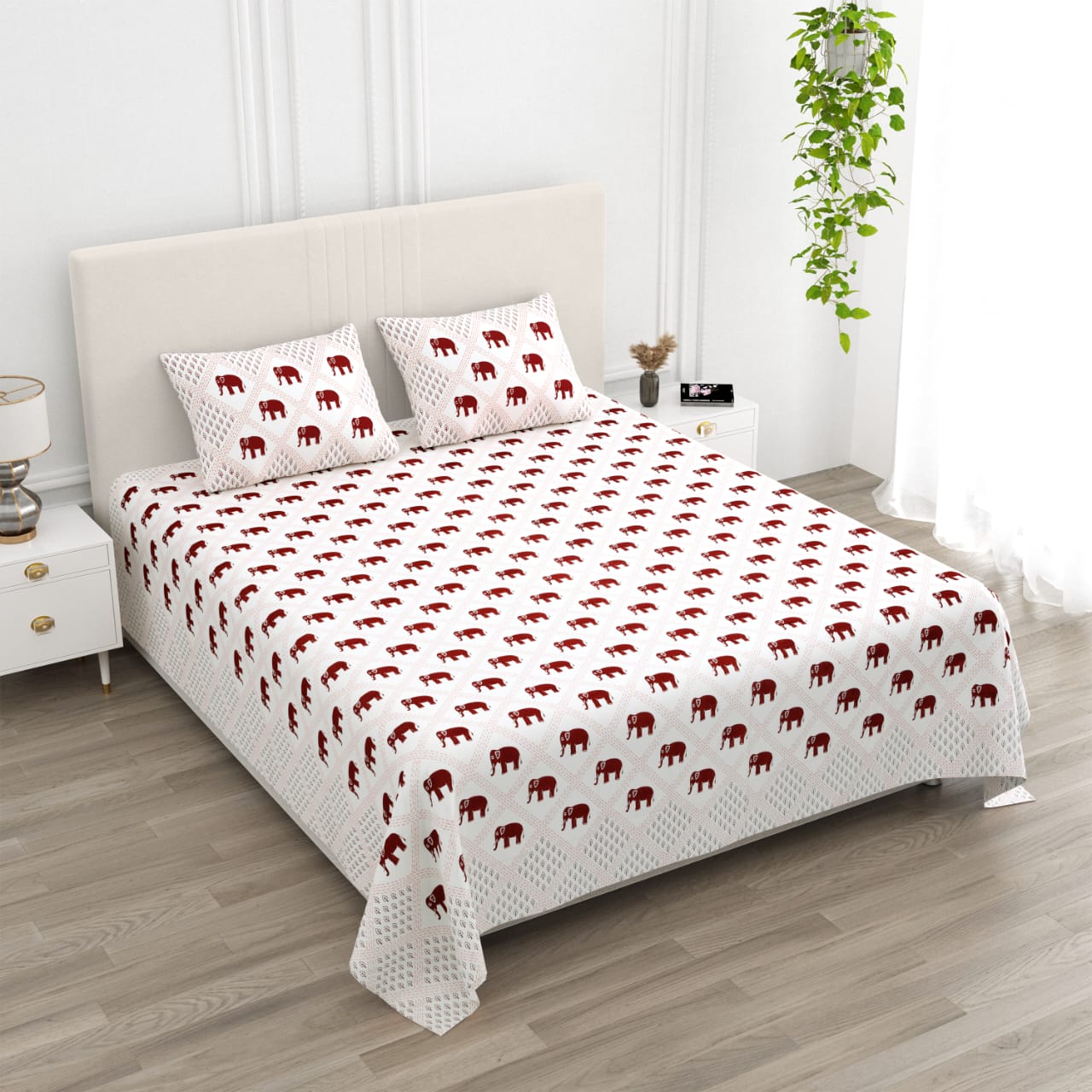 ANARKALI Royal Maroon Elephant Printed King Size Premium Cotton Bedsheet