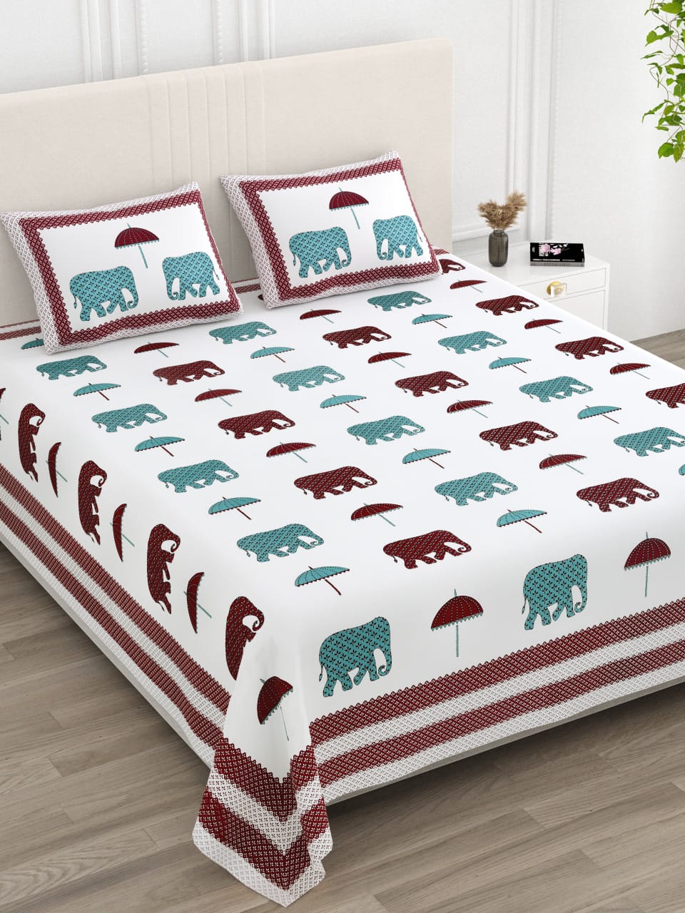 ANARKALI Maroon & Teal Elephant Umbrella Printed King Size Premium Cotton Bedsheet