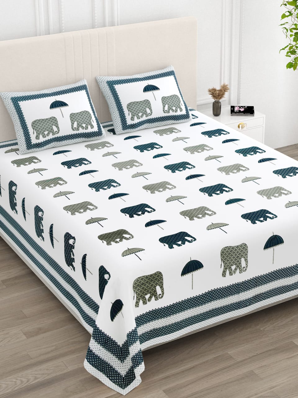 ANARKALI Teal & Sage Elephant Umbrella Printed King Size Premium Cotton Bedsheet