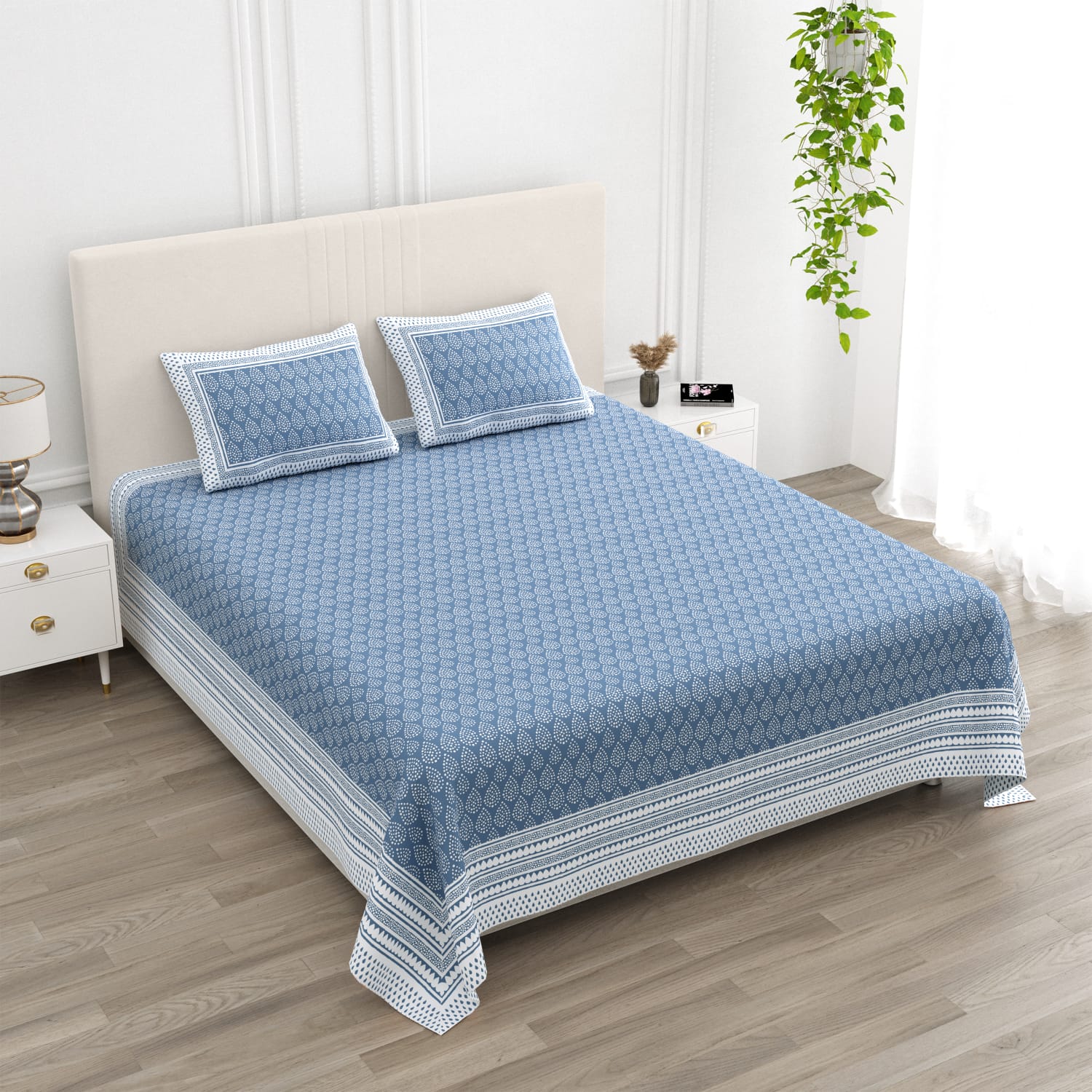 ANARKALI Blue & White Printed King Size Cotton Bedsheet Set
