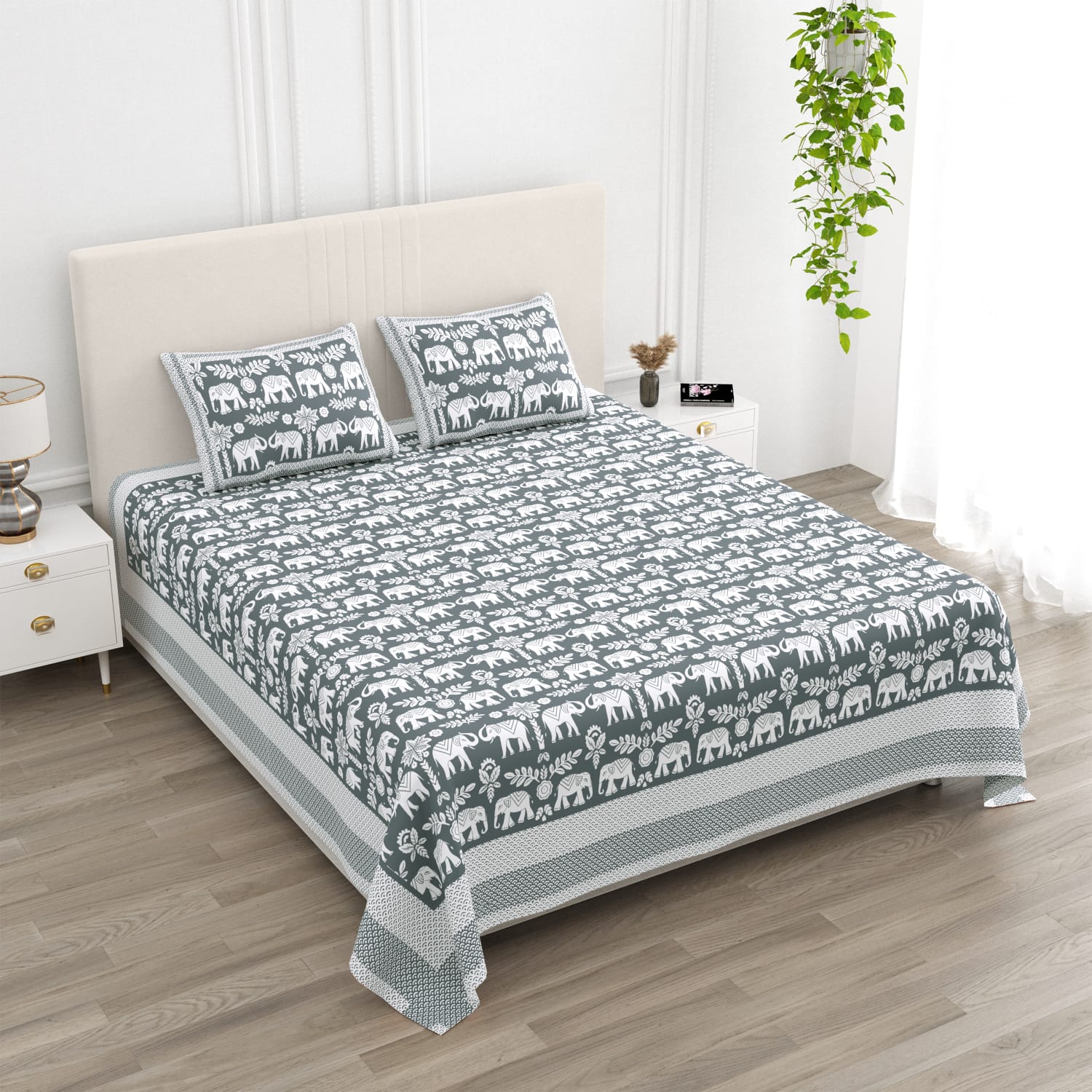 ANARKALI Charcoal Elephant Heritage Printed King Size Premium Cotton Bedsheet