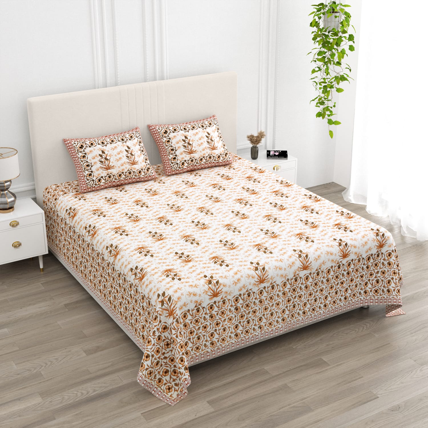 ANARKALI Beige Floral Hand Block Print King Size Premium Cotton Bedsheet