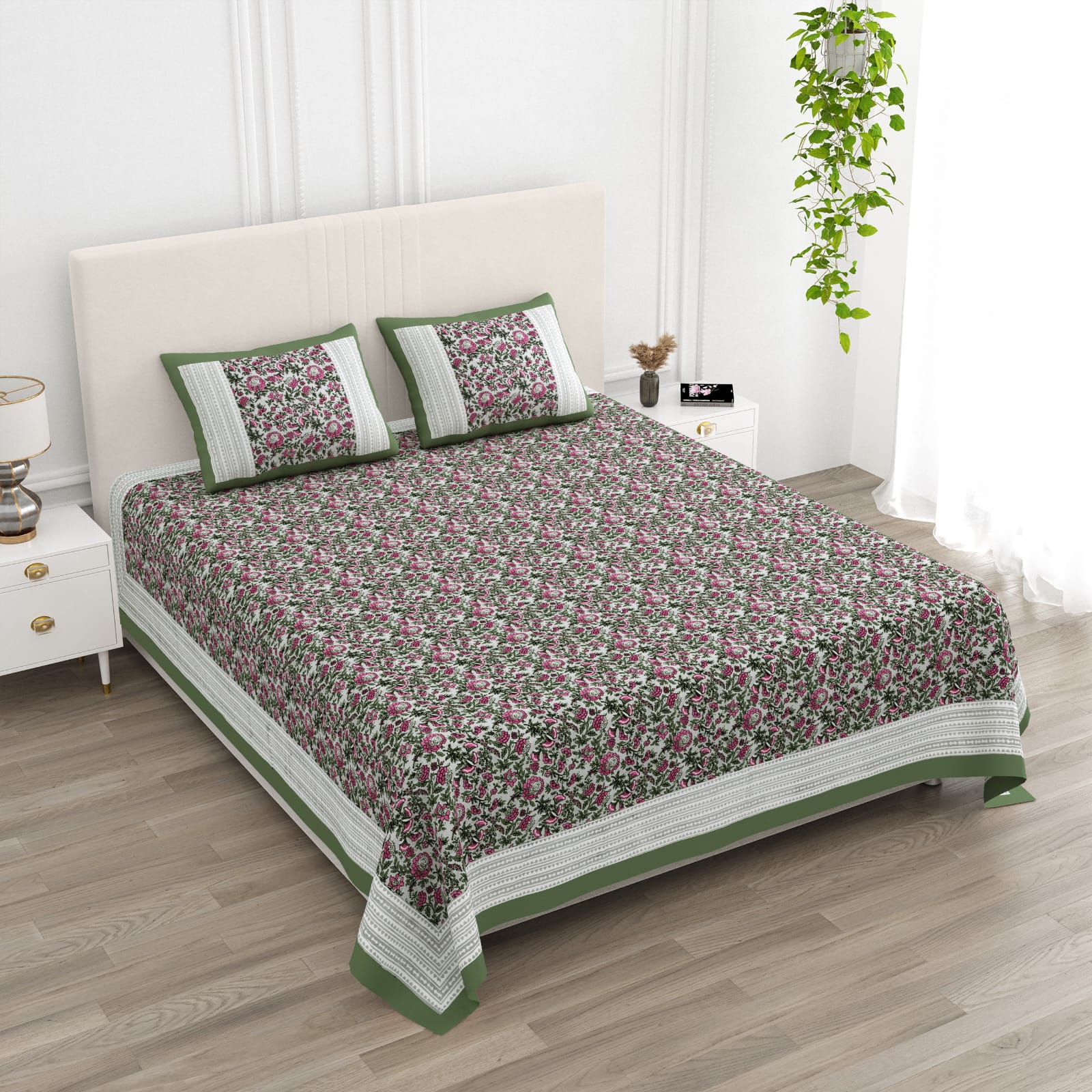 ANARKALI Green Floral Printed King Size Cotton Bedsheet Set