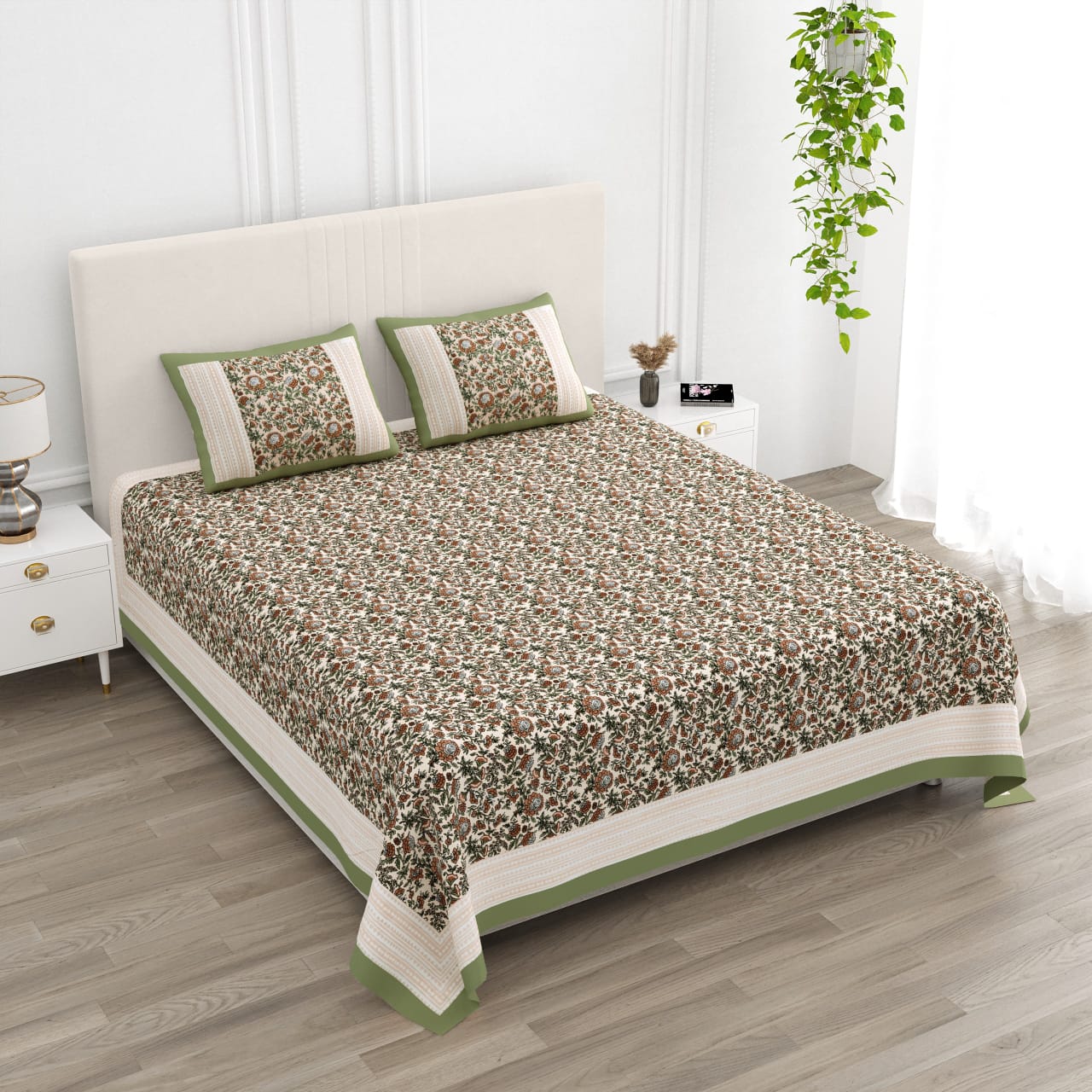 ANARKALI Olive Green & Brown Floral Printed King Size Cotton Bedsheet Set