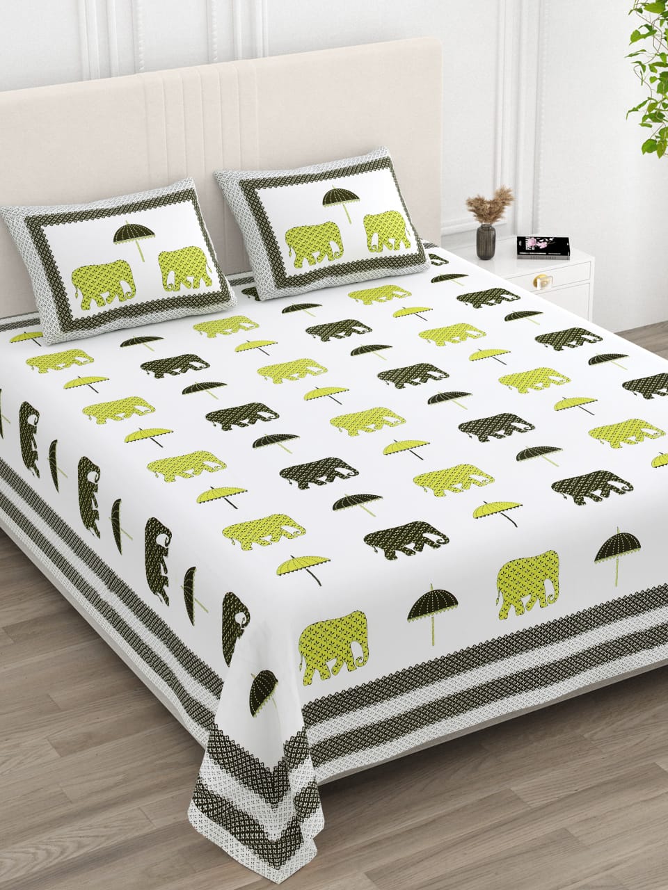 ANARKALI Lime Green & Olive Elephant Print King Size Cotton Bedsheet Set