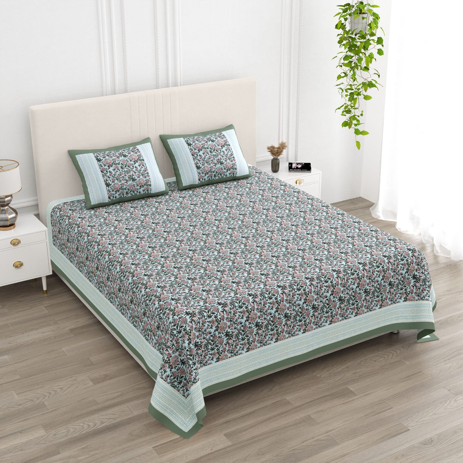 ANARKALI Sage Green & Blue Floral Printed King Size Cotton Bedsheet Set