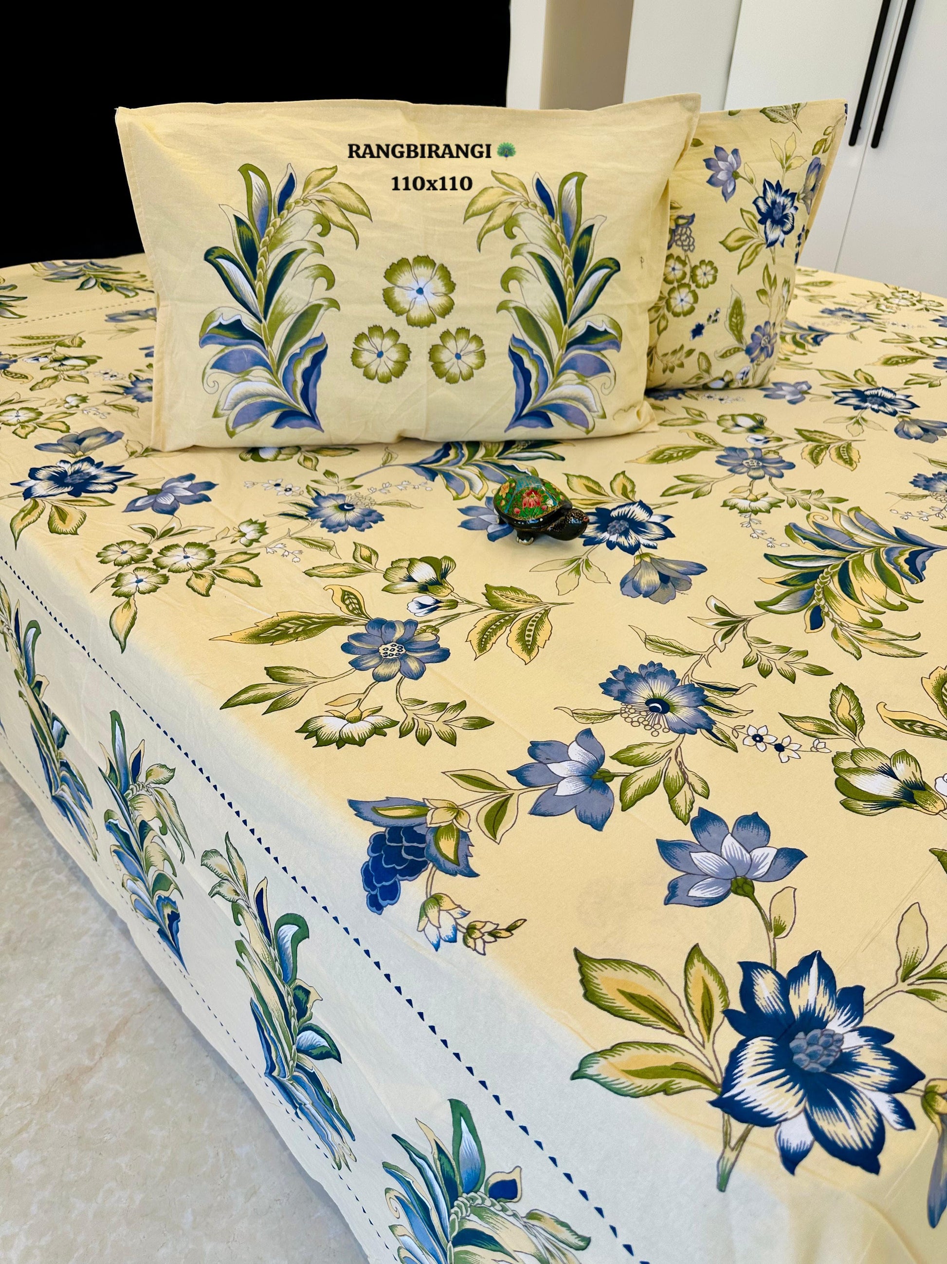 Sitara Yellow & Blue Floral Pure Cotton Bedsheet Set