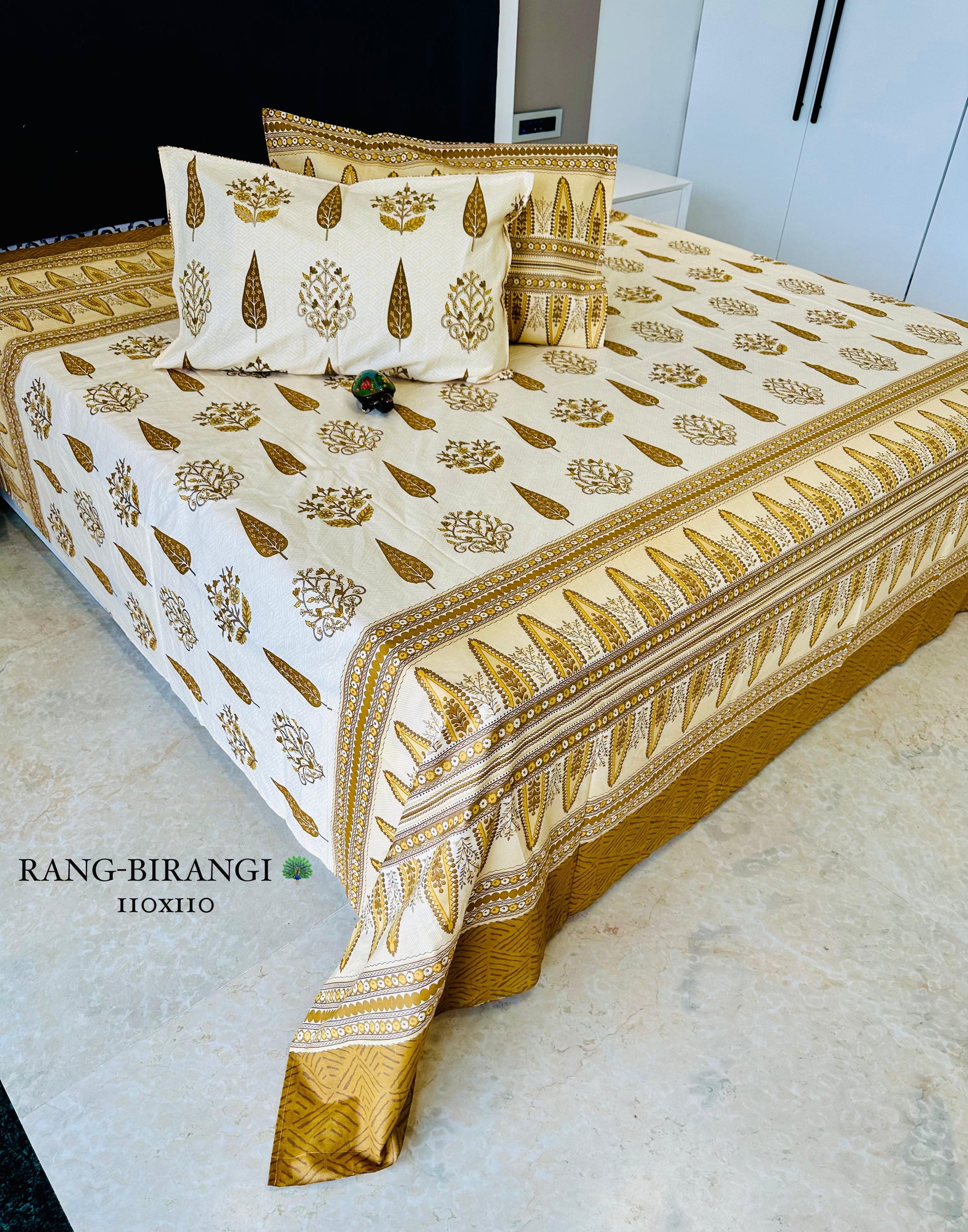 Sitara Mustard & Ivory Floral Pure Cotton Bedsheet Set
