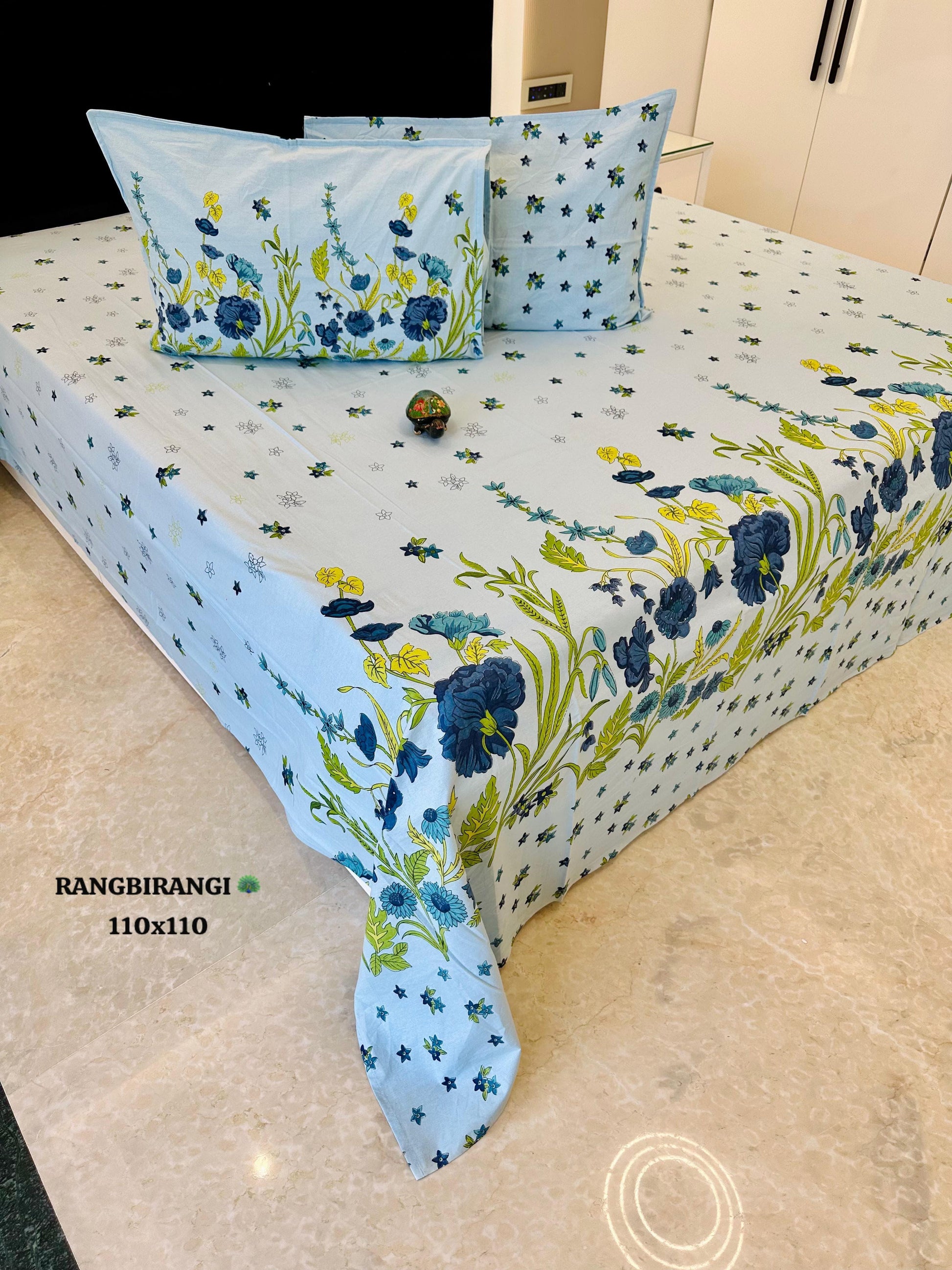 Sitara Blue & Yellow Floral Pure Cotton Bedsheet Set