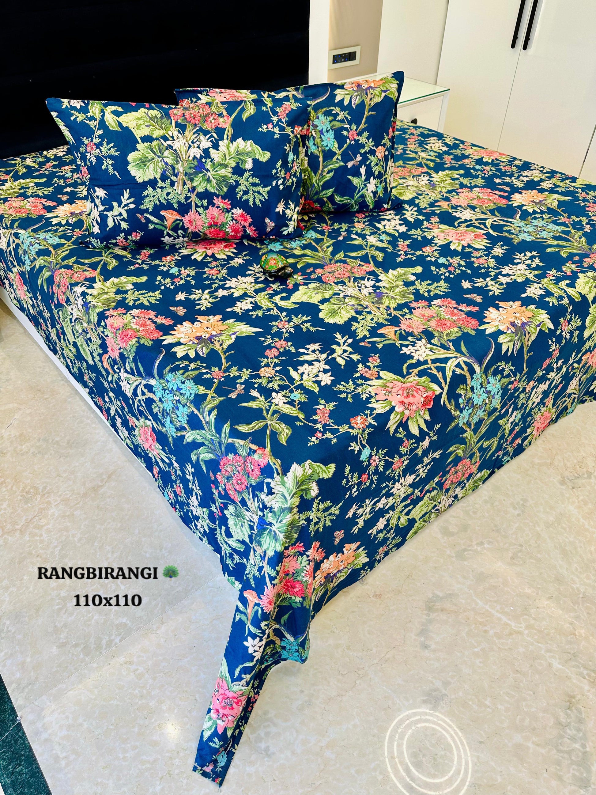 Sitara Navy Blue & Pink Floral Pure Cotton Bedsheet Set