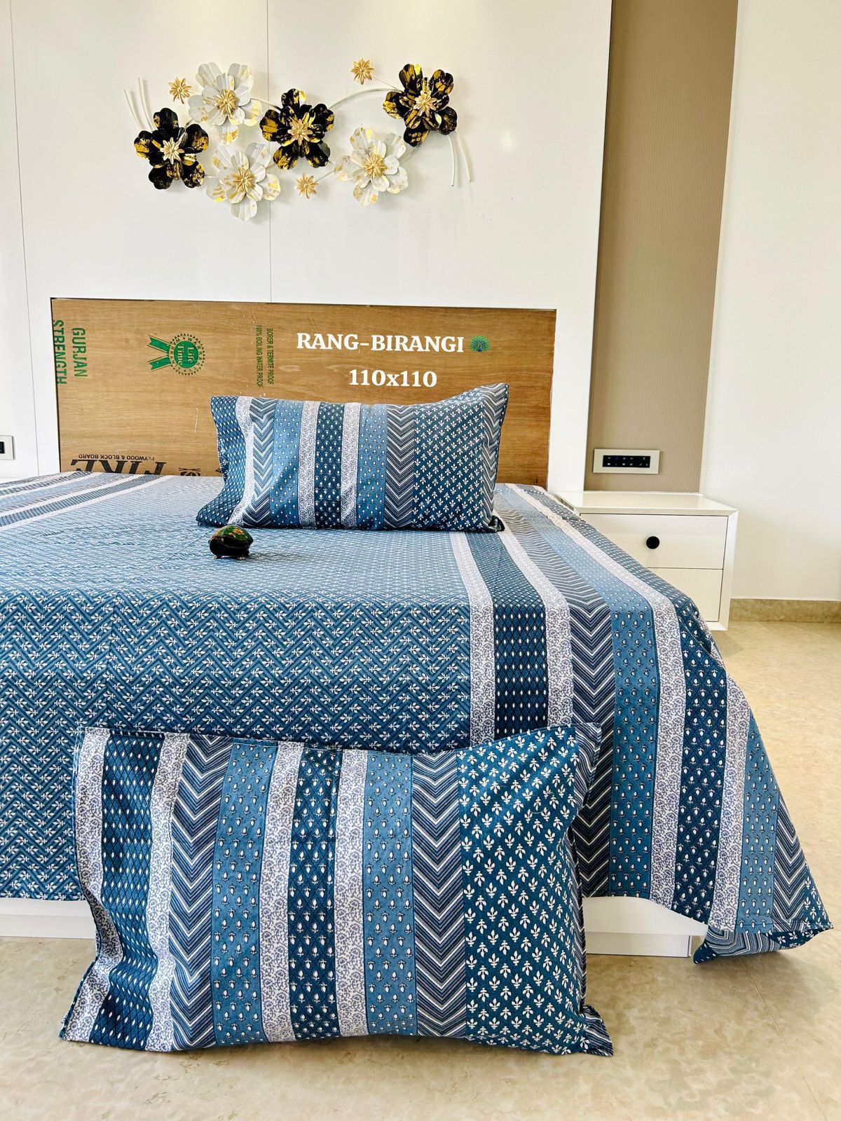 Sitara Sapphire Blue Geometric Stripe Pure Cotton Bedsheet Set