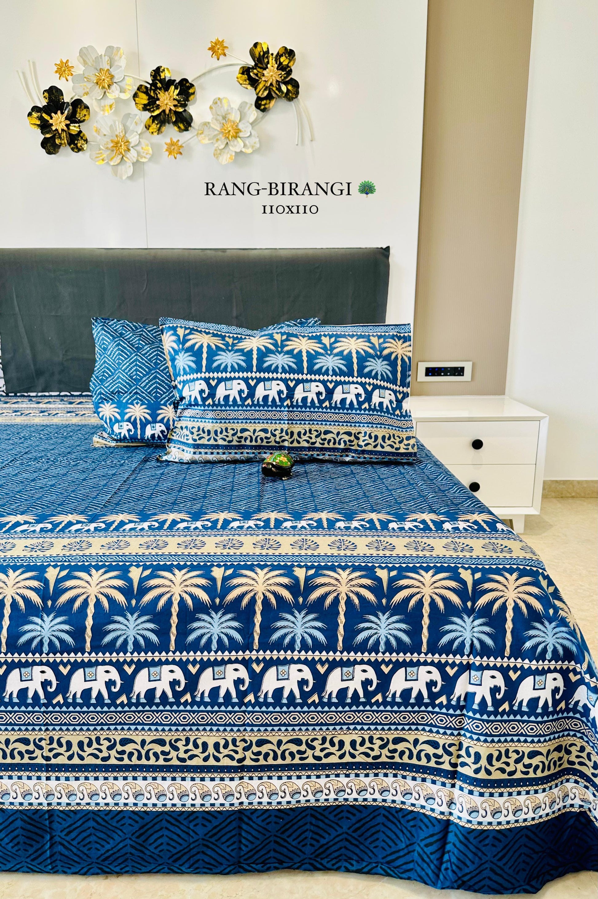Sitara Royal Blue Elephant & Palm Tree Pure Cotton Bedsheet Set