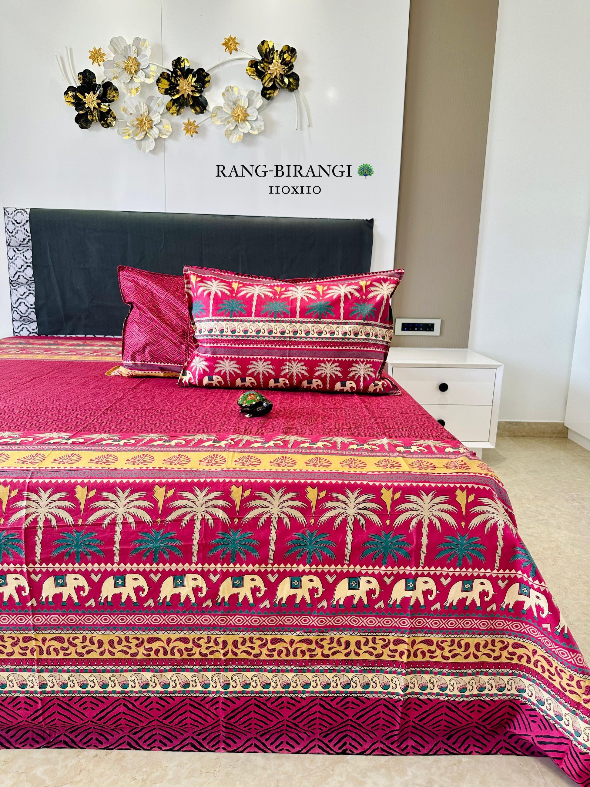 Sitara Rani Pink Elephant & Palm Tree Pure Cotton Bedsheet Set