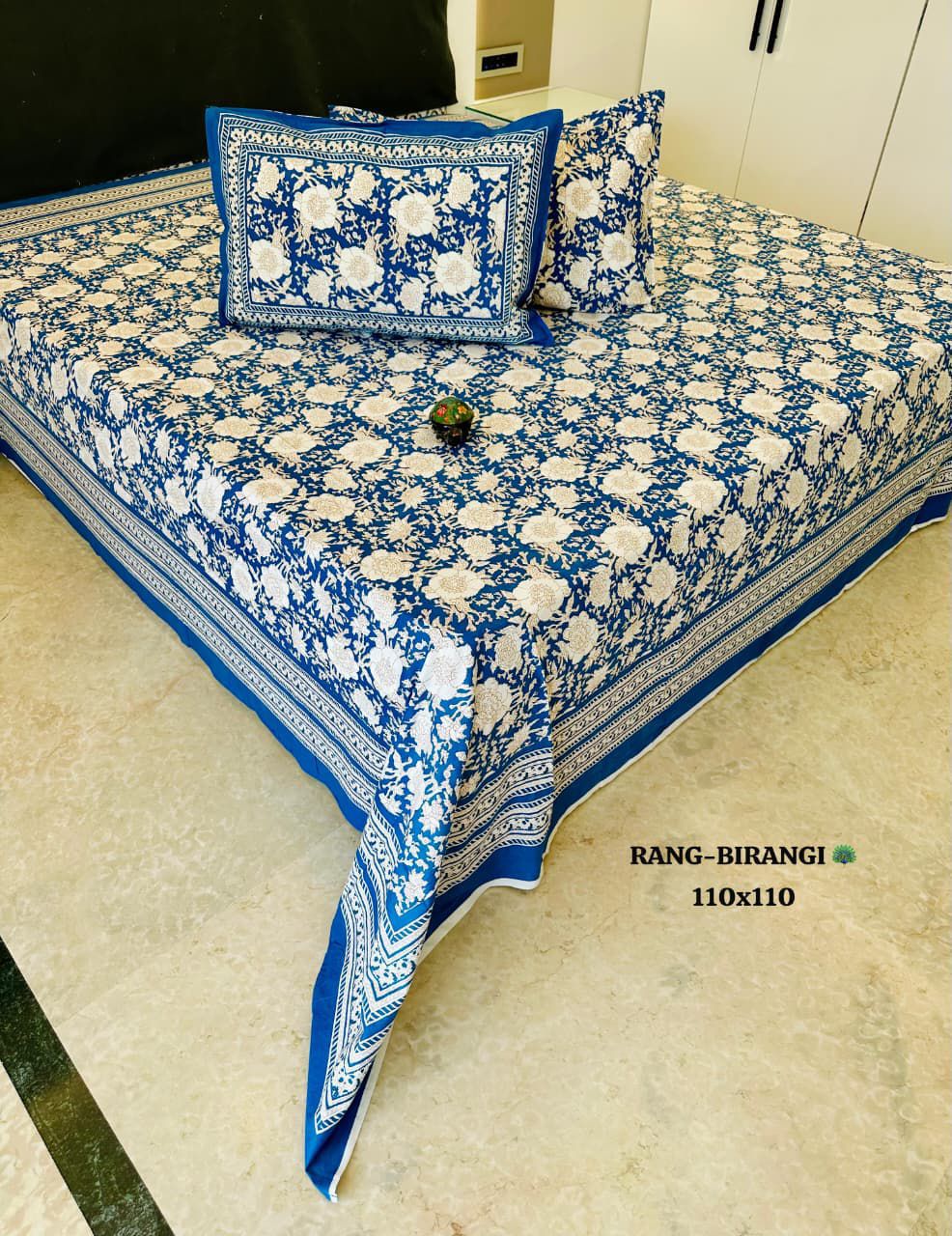 Sitara Royal Blue Floral Block Print Pure Cotton Bedsheet Set