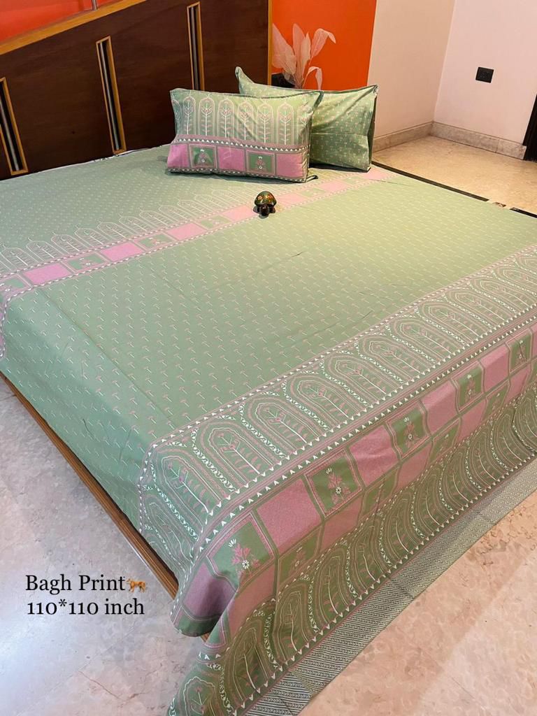 Sitara Sage Green & Pink Bagh Print Pure Cotton Bedsheet Set