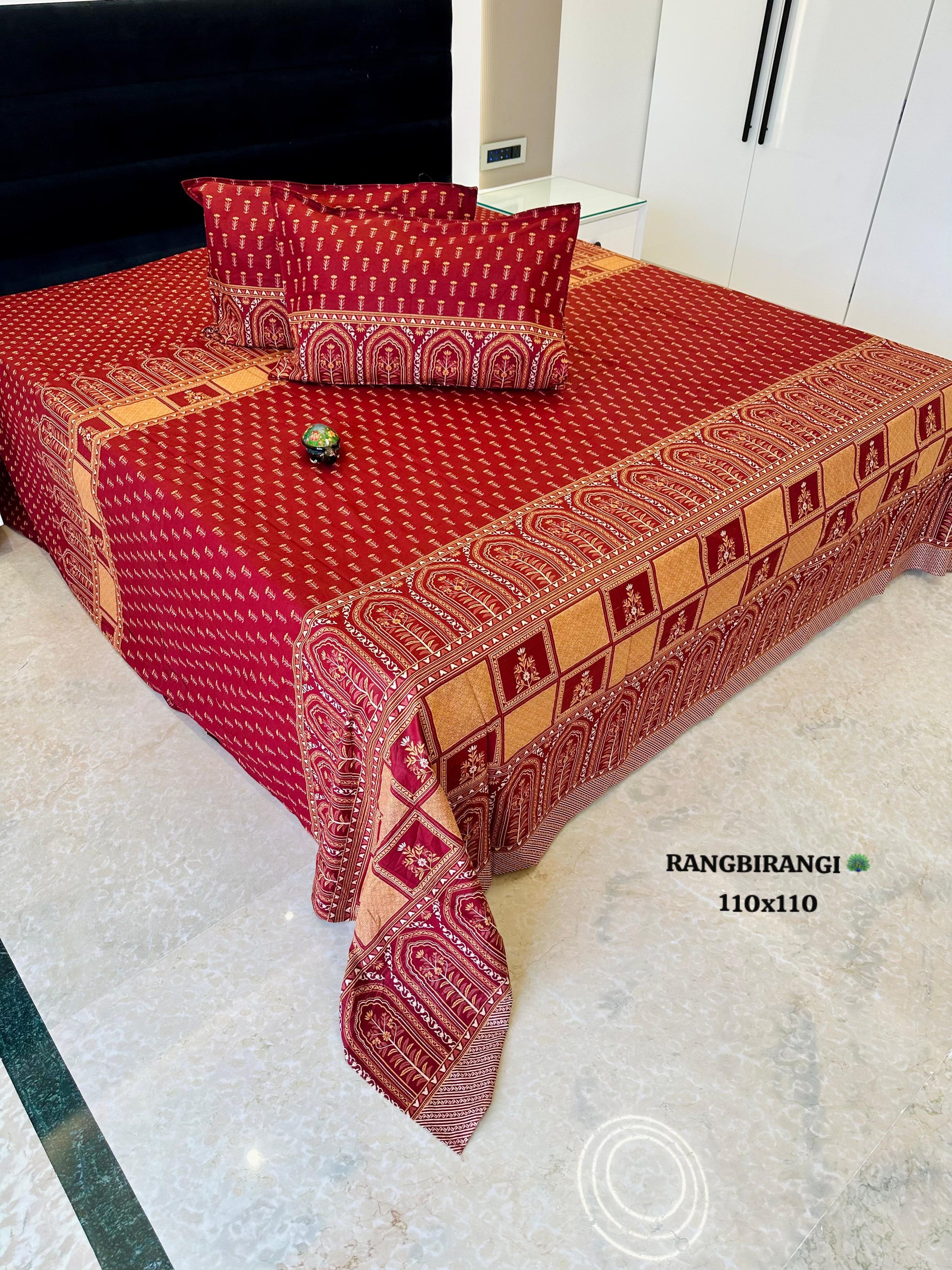 Sitara Maroon Mughal Motif Pure Cotton Bedsheet Set