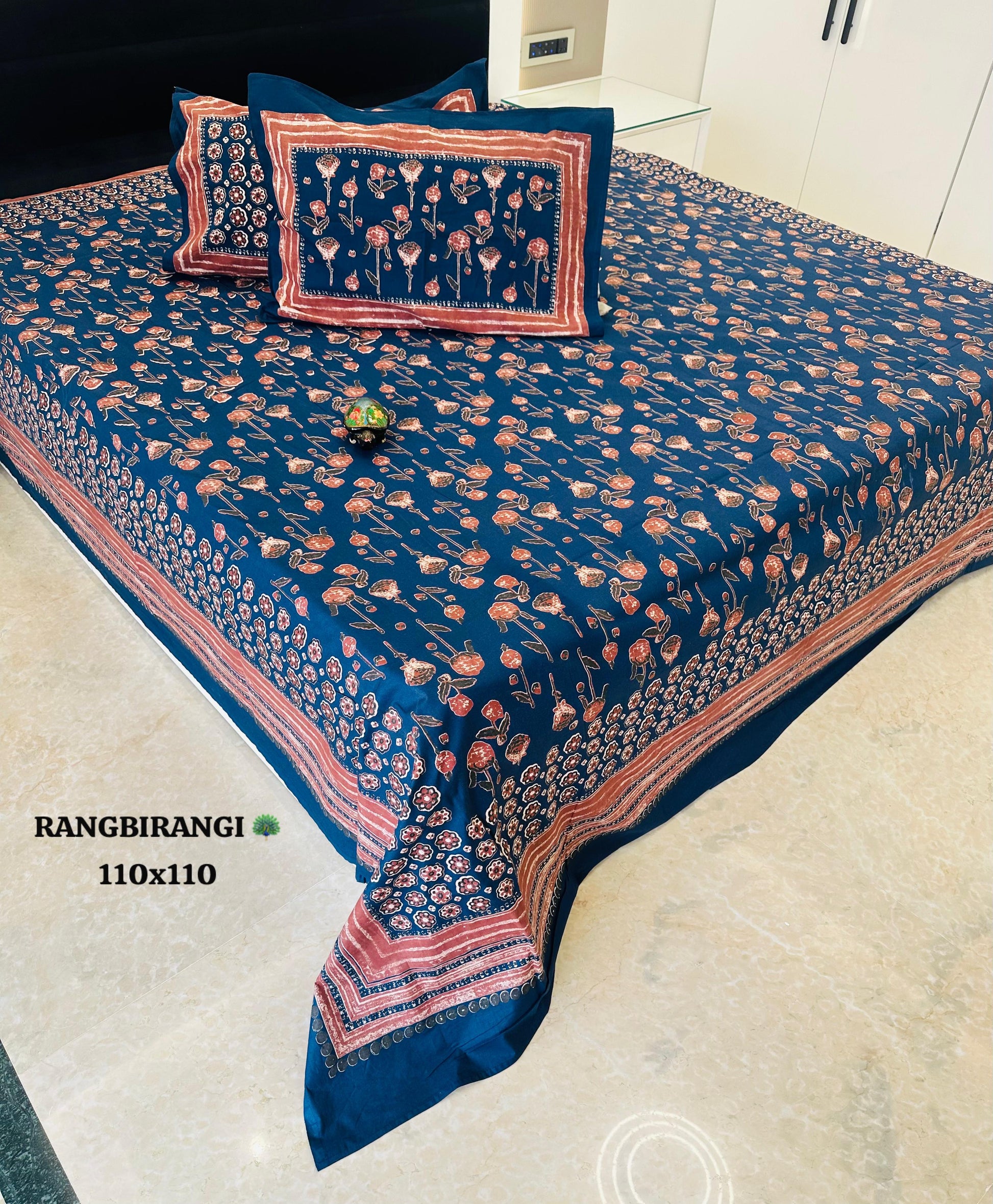 Sitara Navy Blue & Rust Floral Block Print Pure Cotton Bedsheet Set