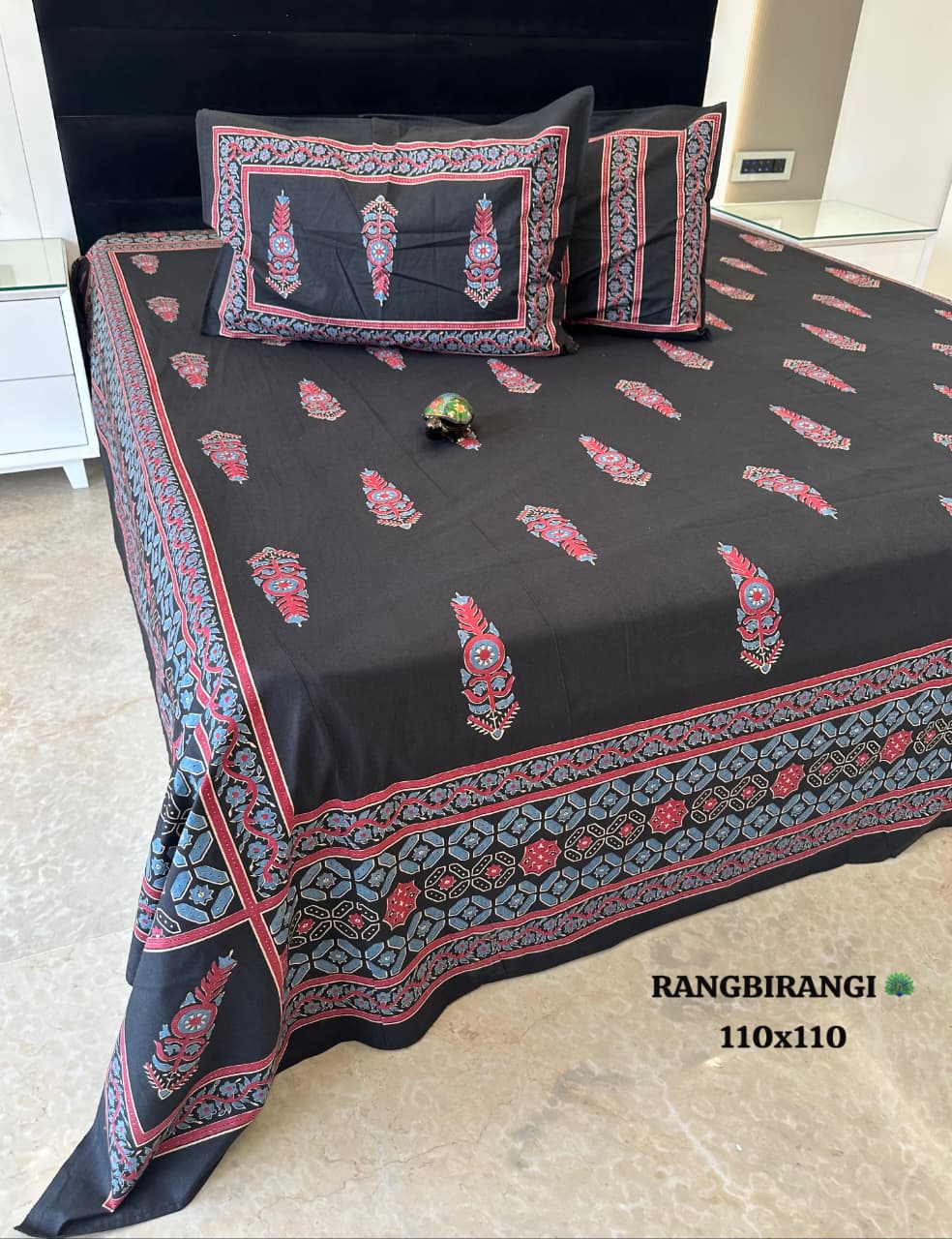 Sitara Black & Red Floral Block Print Pure Cotton Bedsheet Set